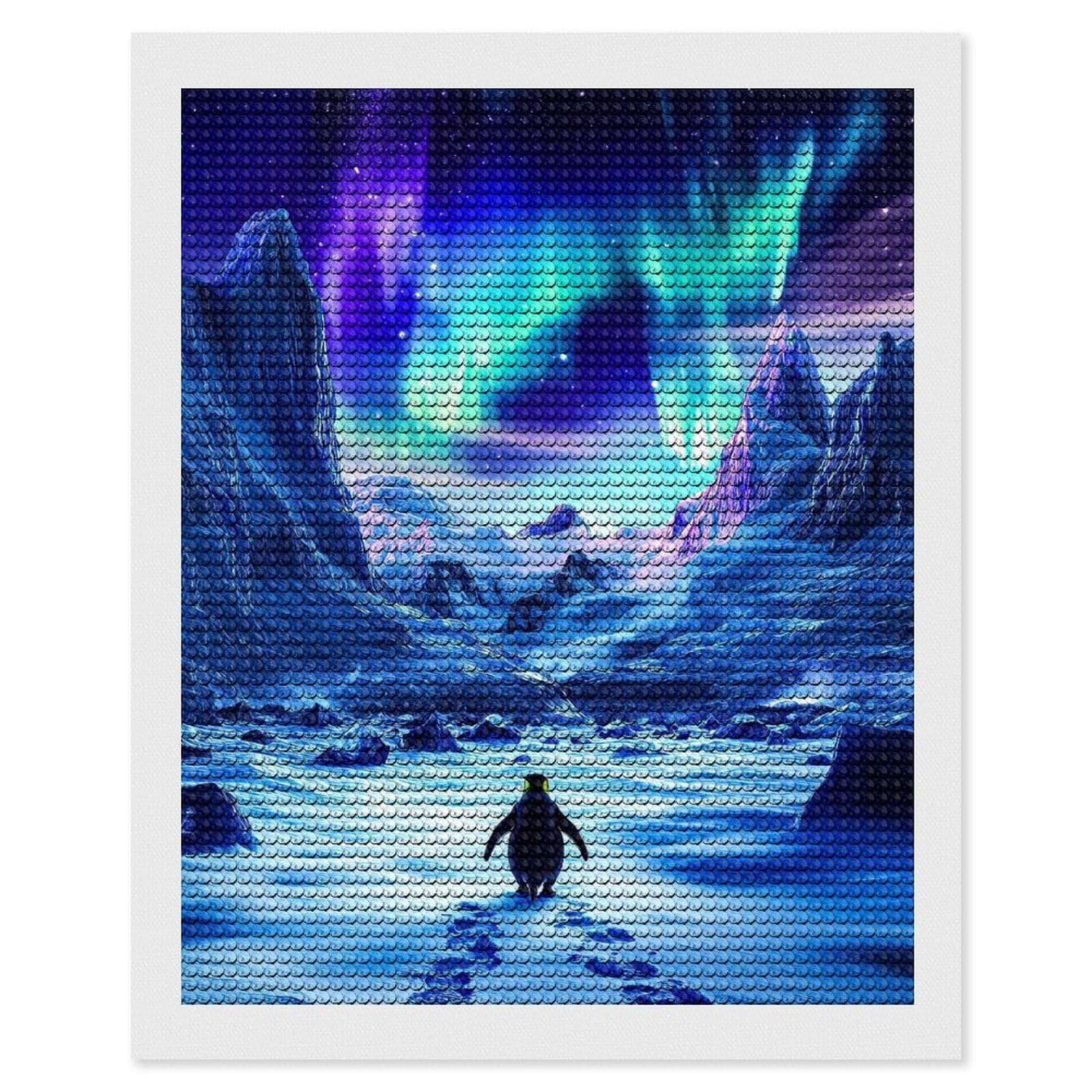 Junmoney Penguin Under Aurora Borealis Diamond Art Kit 16"x20", Relaxing DIY Hobby, Satisfying Creative Project, Living Room Decor, for Women