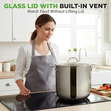 NutriChef 19-Quart Stainless Steel Stockpot 18/8 Food Grade Heavy-Duty Induction-Compatible Pot with See-Through Lid, Ideal for Stews, Broths, Simmering & Soups, Dishwasher Safe NCSP20