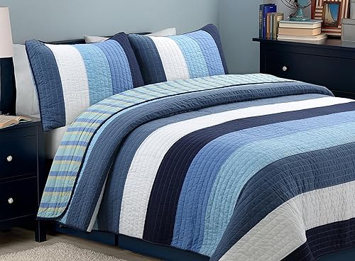 Cozy Line Home Fashions Juego de ropa de cama reversible de 100 % algodón a rayas azul marino, colcha para todas las estaciones (Preston, tamaño