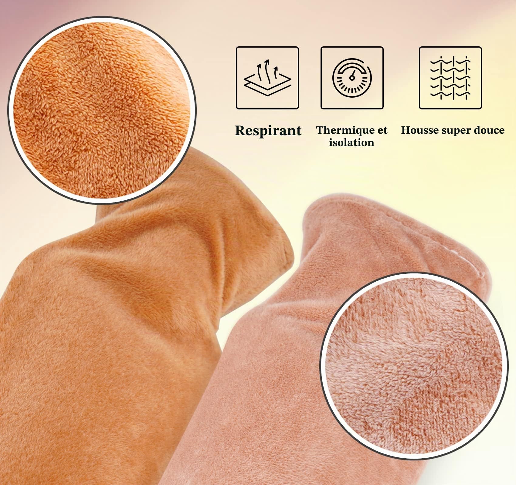 Bouillotte longue avec housse douce avec 2 housses super douces - Grande capacité de 2 litres - 73 x 13 cm - Bouillotte tubulaire pour épaules, cou