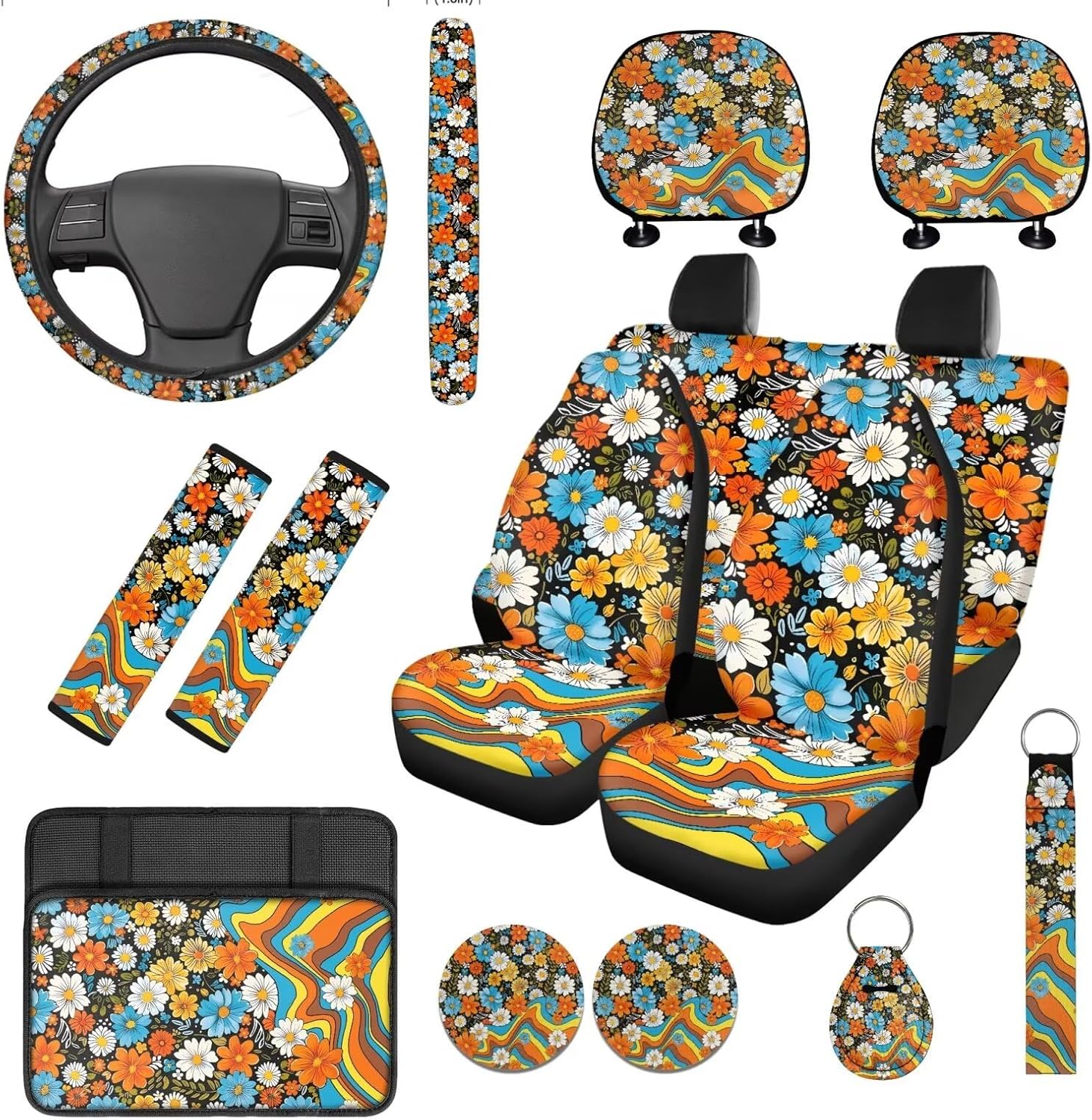 14 Pcs Hippie Flower Car Seat Covers Full Set Hippie Printed Car Steering Wheel Cover Skull Seat Belt Covers Armrest Cushion Protector Hippy Automotive Interior Accessories