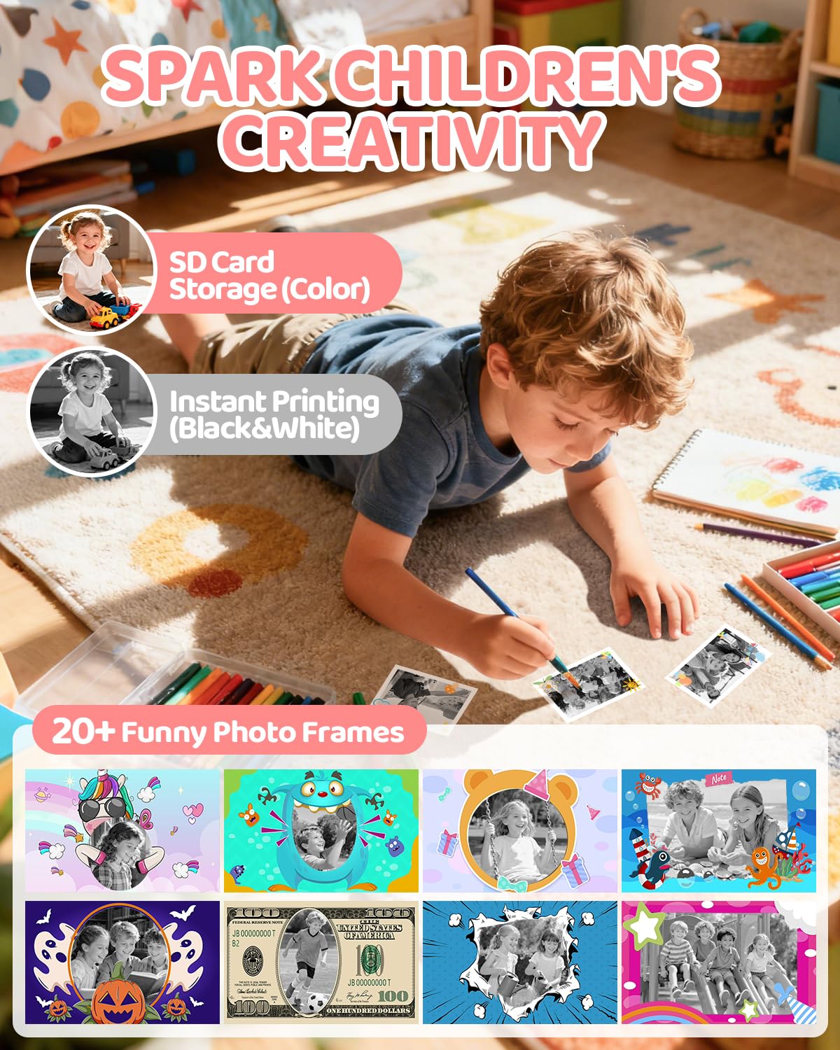 CalineGam Macchina Fotografica Bambini Istantanea, HD 1080P Macchina Fotografica Istantanea con Scheda da 32 GB e 3 Rotoli di Carta, Regalo di Natale per Ragazze Ragazzi dai 3 ai 14 Anni