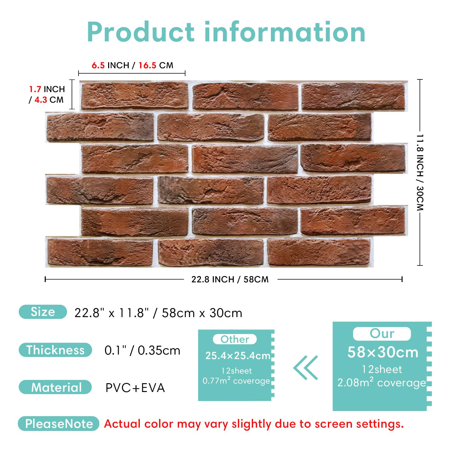 Commomy Pannelli da Parete 3D Effetto Mattoni 10 Pezzi, 58 x 30 cm(2,08 m²) | Pannelli Decorativi Adesivi per pareti Pietra Rivestimento PVC Impermeabili per Soggiorno, Camera da letto, Cucina Interne