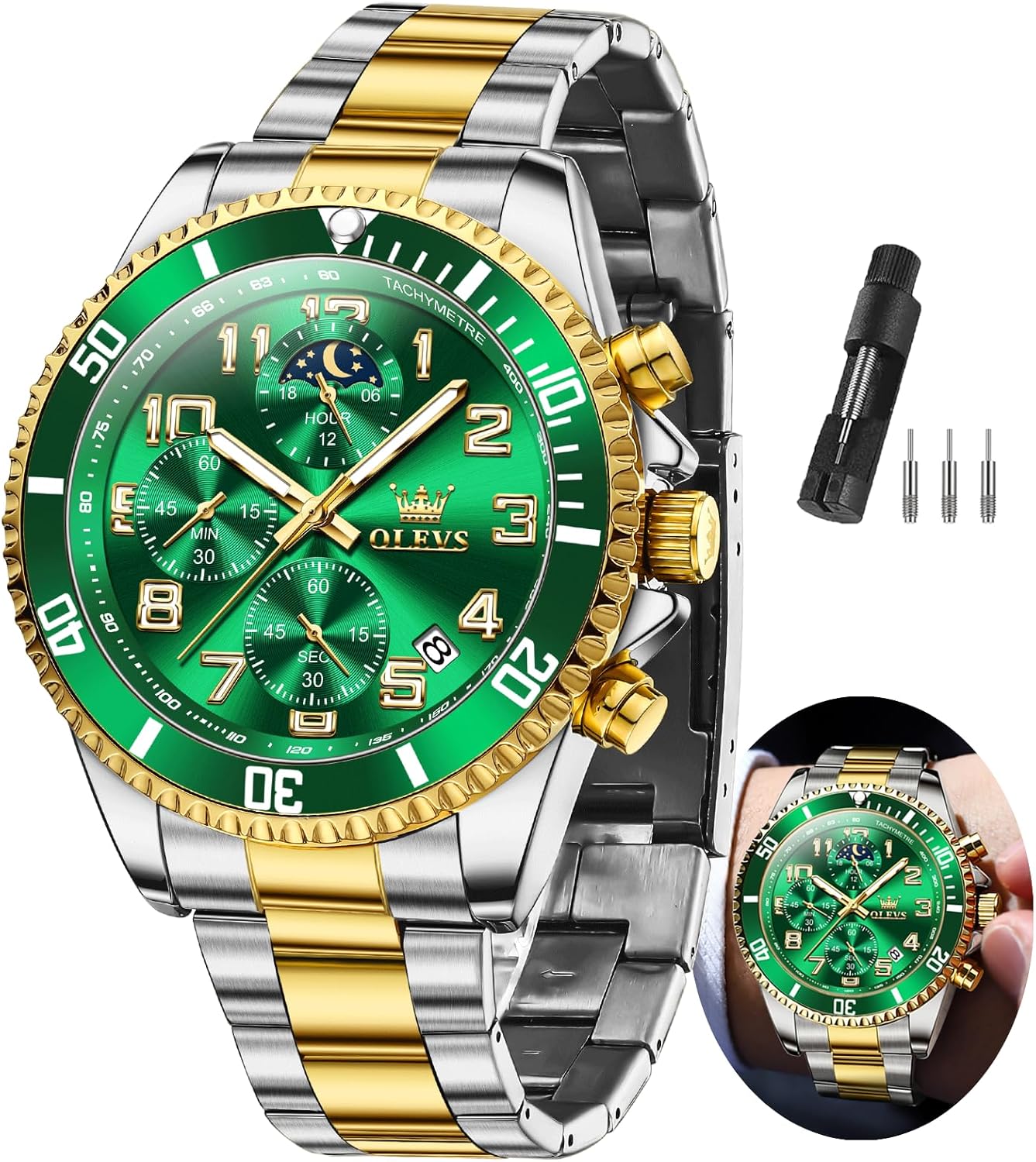 OLEVS Watches Men Waterproof Luxury Big Face Mens Watch Stainless Steel Day Date Quartz Analog Dress Watches for Men Luminous Relojes De Hombre (Green/Blue/Black/Gold)