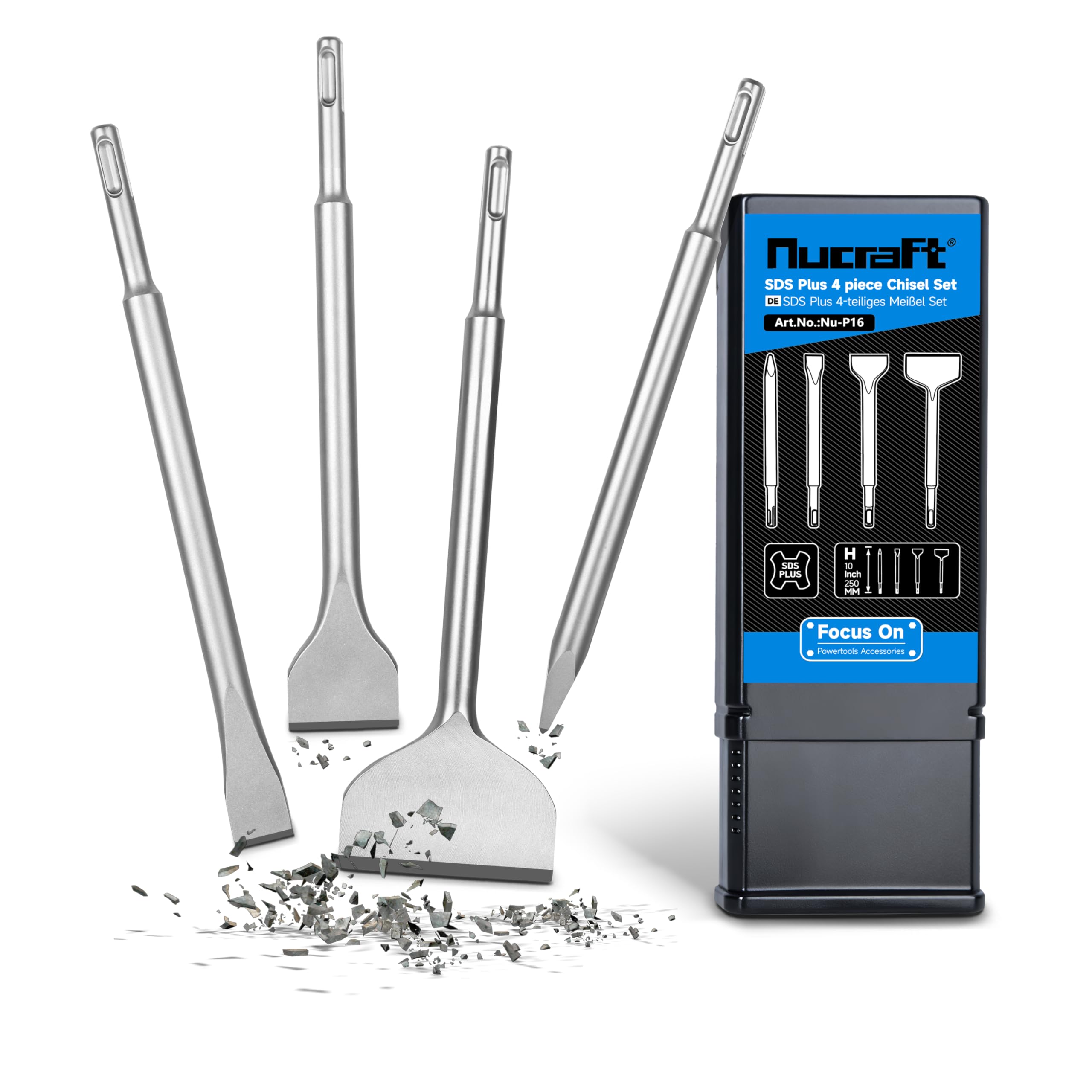 Nucraft Set di 4 scalpelli in acciaio SDS Plus, largo, piatto, appuntito, in Acciaio per Cemento, Mattone, Muro e Granito