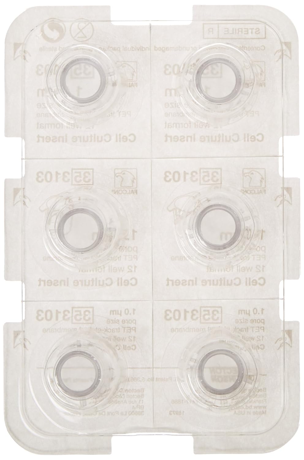 BD 353102 Falcon Translucent Polyethylene Terephthalate Cell Culture Insert, 1.5 - 2.5mL Volume, 1.0 Micron Pore, For 6 Well Plates (Case of 48)