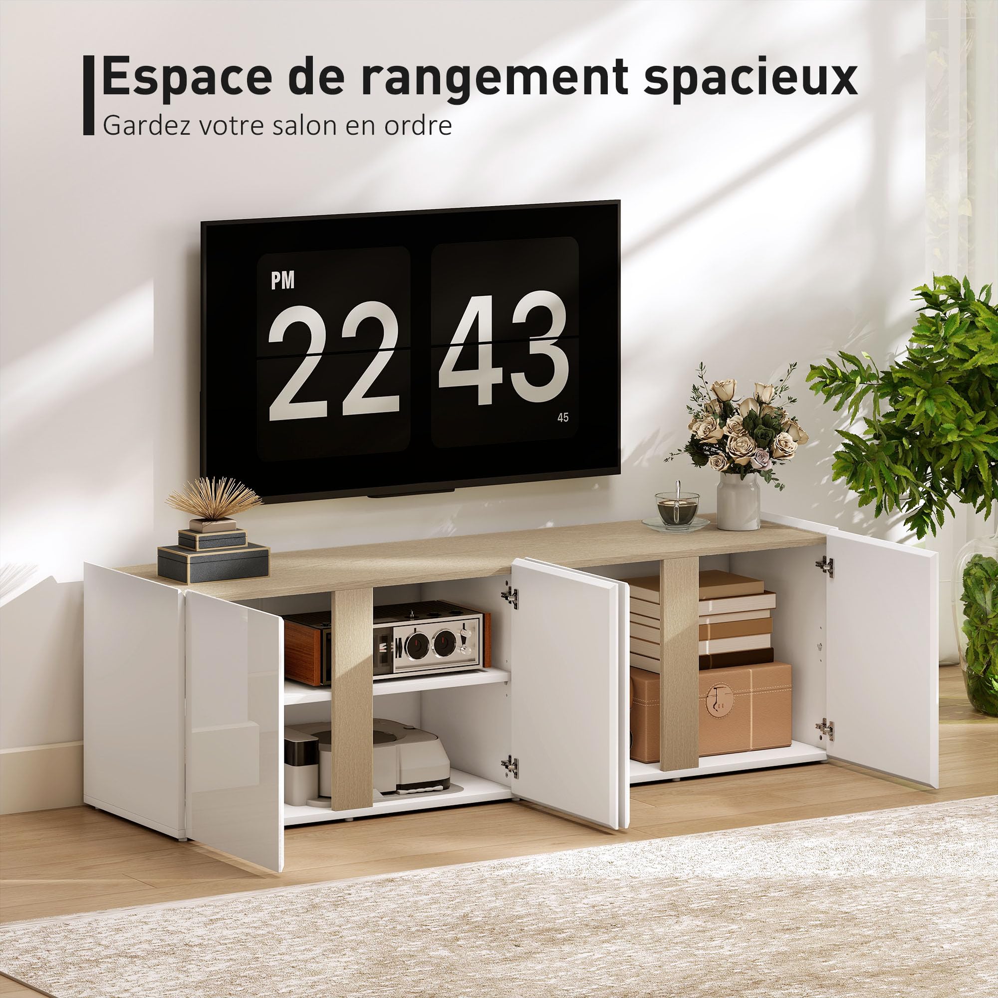 HOMCOM Meuble TV 135 cm pour Téléviseur Jusqu'à 65 Pouces, 4 Portes, Blanc | Meuble Télé, Fermeture Amortie, Étagère Réglable, Passe-Câbles, Banc TV, pour Salon, Chambre à Coucher