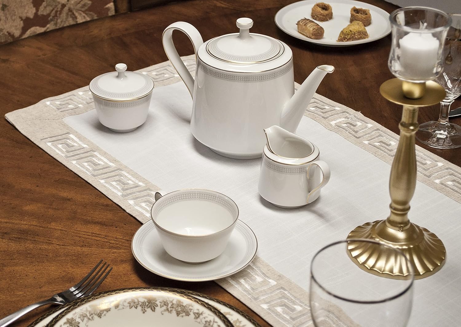 Elegant Neutral Earth Tones Greek Key Long Table Runner, Dresser Scarf (15Wx70L)