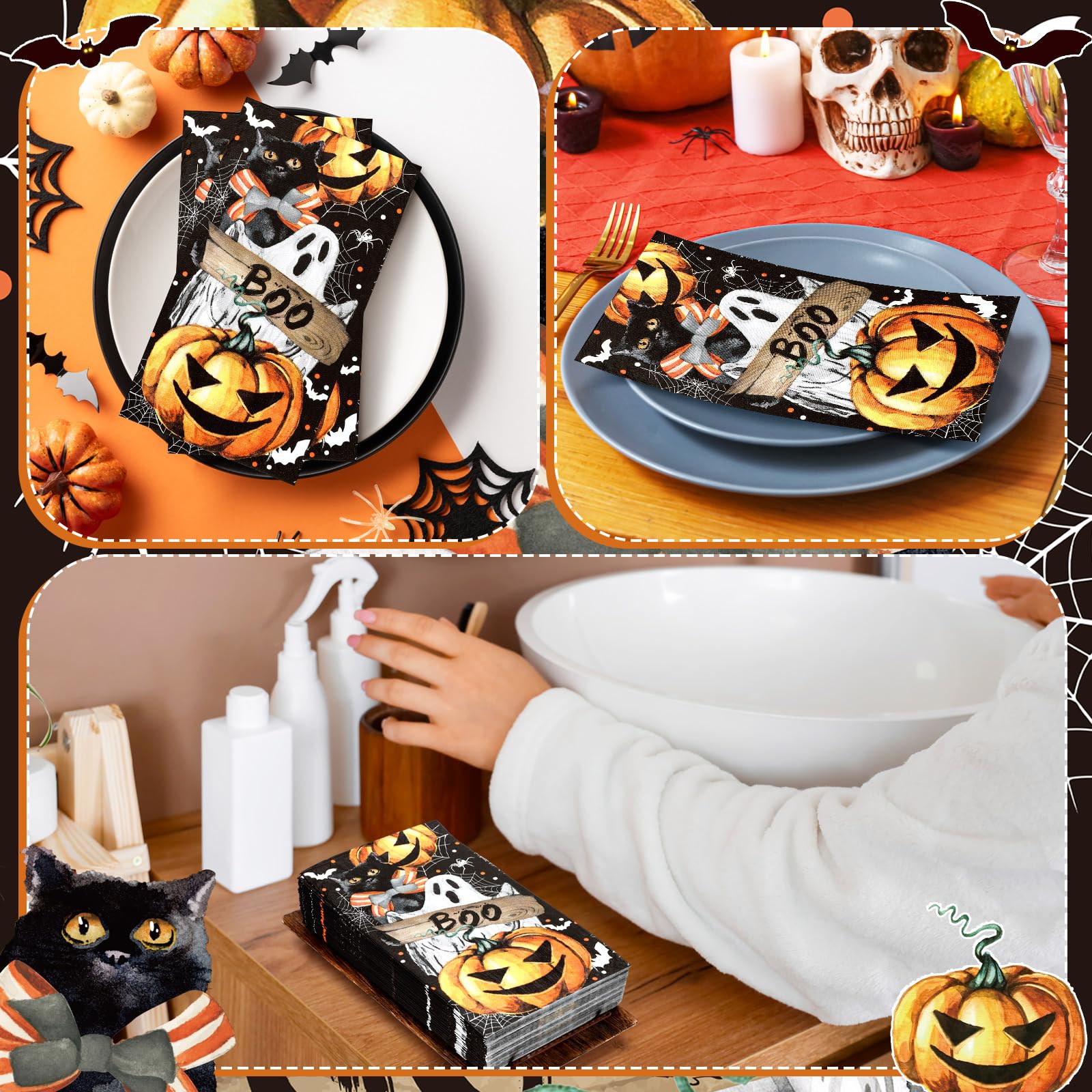 Sinmoe Lot de 200 serviettes jetables en papier pour invités d'Halloween pour salle de bain, serviettes en papier décoratives pour invités, récolte d'automne, Thanksgiving, dîner de salle de bain