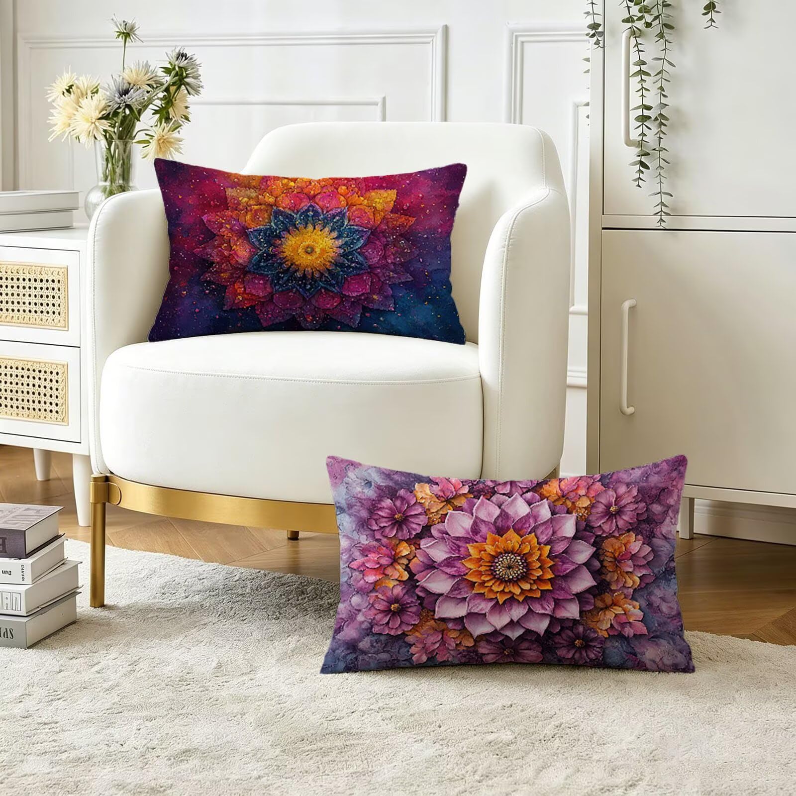 Coussin exterieur impermeable violet 40x80cm lot de 2 en lin rectangulaire mandala