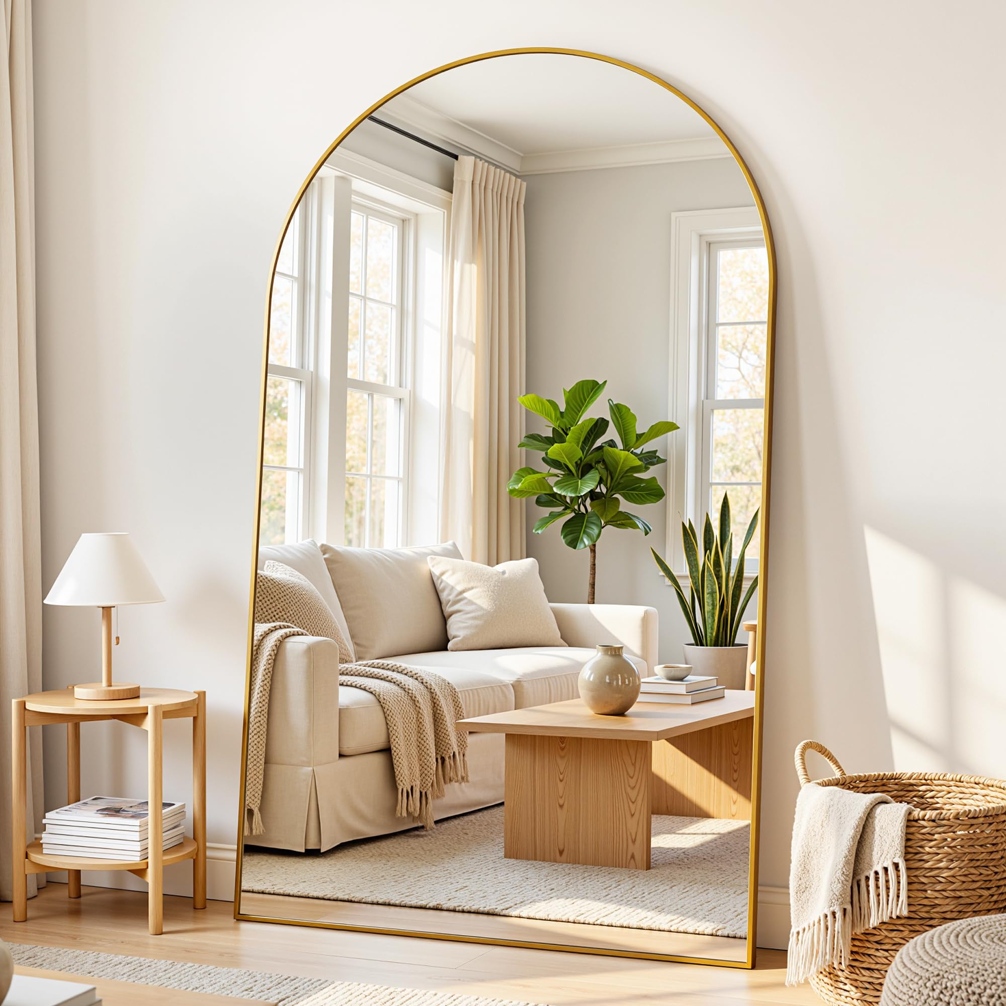 Antok Grand miroir pleine longueur, 183 x 112 cm, miroir sur pied bombé, verre incassable, miroir de sol, pour salon, dressing, montage mural, emballage sûr, doré
