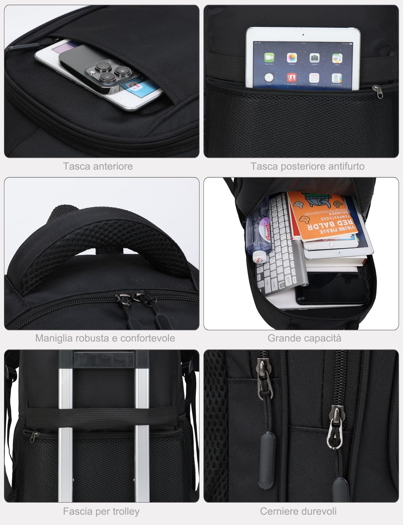 Zaino Grande per Viaggio Scuola Sport Lavoro 33x18x50 cm 30 Litri da Uomo Donna Unisex Sportivo Trekking Escursione Nero km27