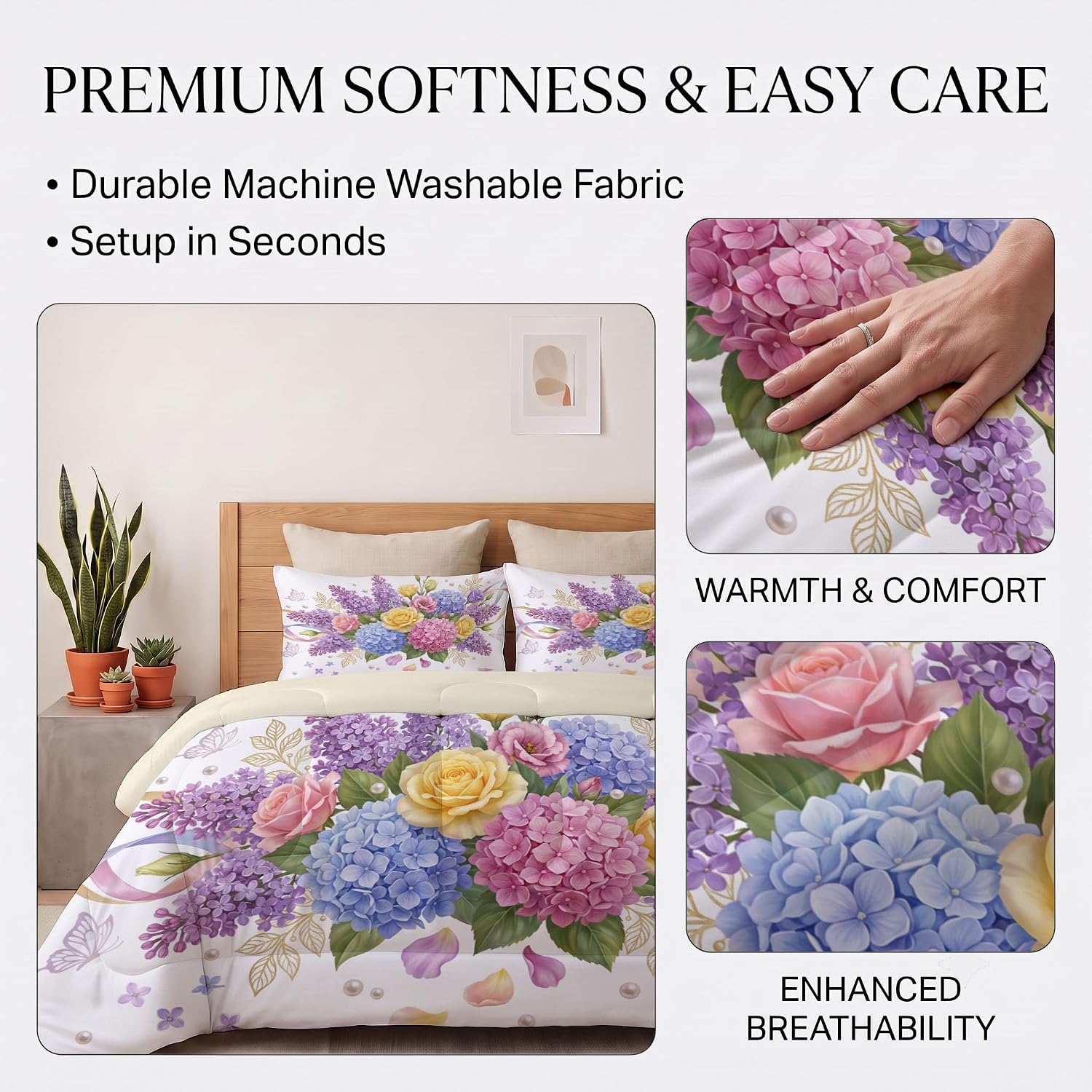 French Flowers Comforter Set Full Size, Lavender Hydrangea Print Breathable Bedding Set for Girls Boys Teens, Light Purple Quilt Duvet with 2 Pillow Cases