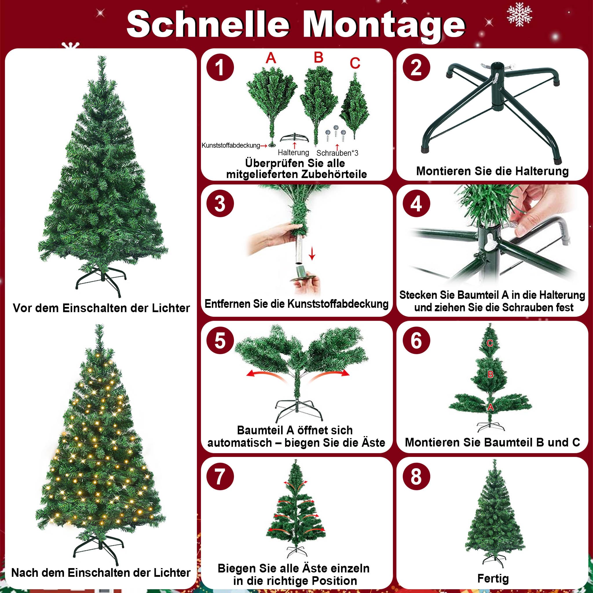 Aufun Árbol de Navidad Artificial con iluminación, 250 LED, luz Blanca cálida, Incluye Soporte de Metal, 570 Puntas, árbol de Navidad de PVC (180 cm, PVC Verde + LED)