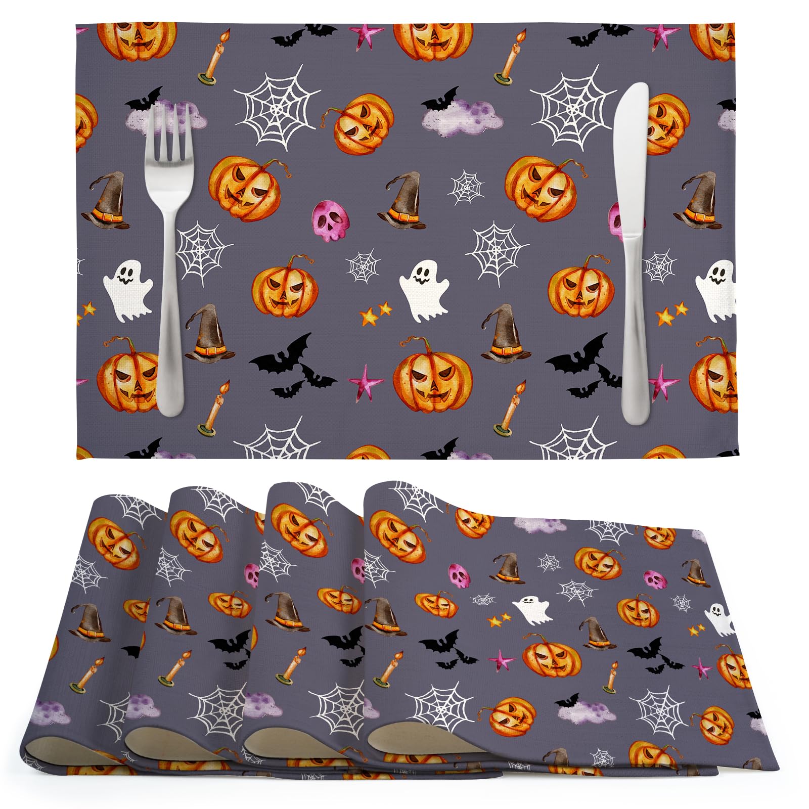 Halloween Placemats Set of 4, 12×18 Inch Spooky Skull Pumpkin Bat Linen Fabric Table Mats for Party Kitchen Dining Decoration