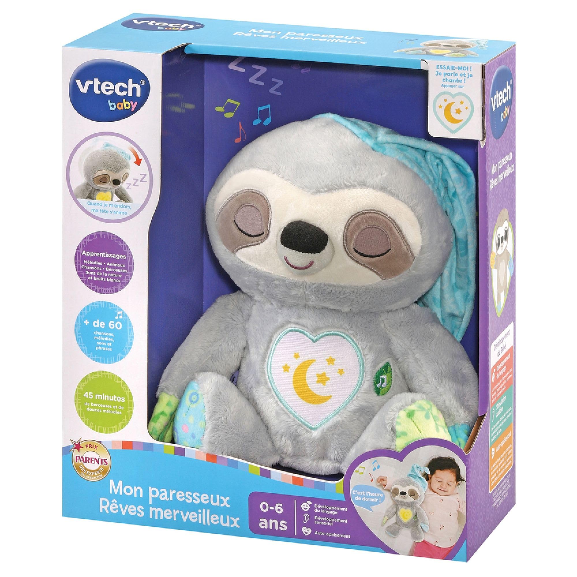 VTech 548205 Mon Paresseux Rêves Merveilleux, Peluche Bébé Interactive et Apaisante, Tête Animée, Veilleuse, Musique Douce, Bruits Blancs et Sons de la Nature, Cadeau de Naissance, Multicolore