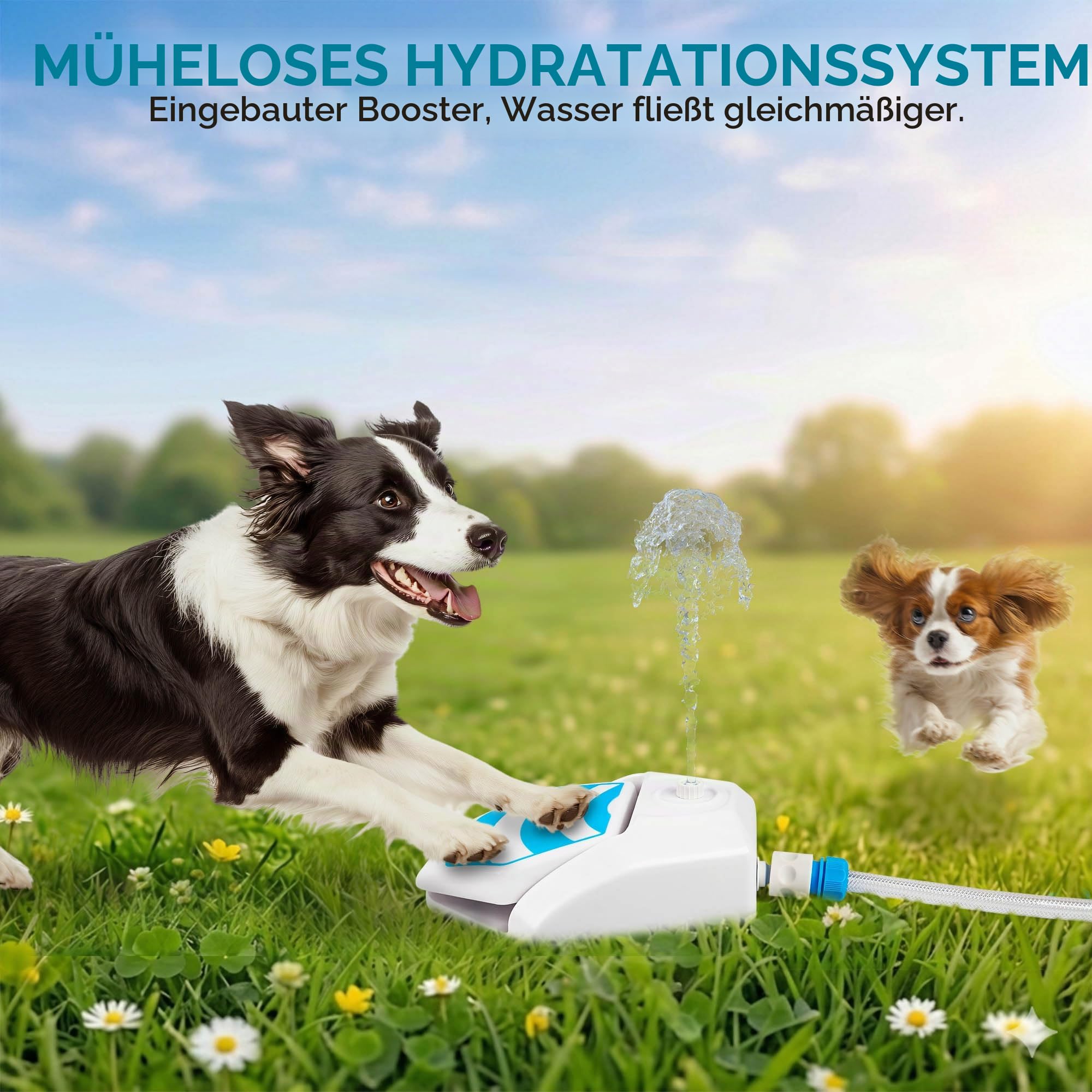 ALL FOR PAWS Hunde Trinkbrunnen Outdoor - Automatischer Wasserspender mit Sprinkler für Hunde, Hydration Station mit Kühlfunktion, Gartenspielzeug mit Schlauchanschluss (145cm), Neuversion
