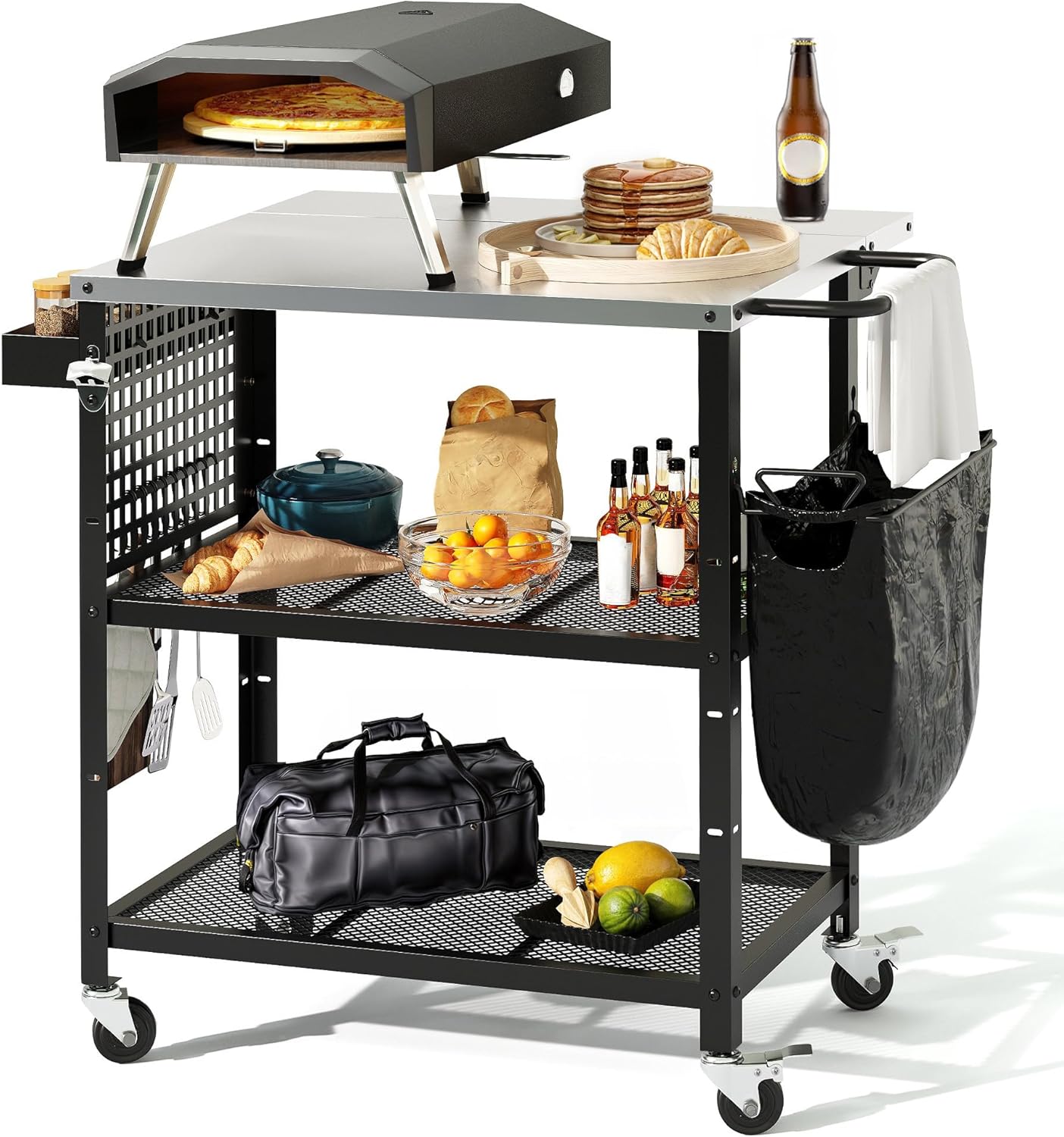 DWVO Outdoor Grill Cart Pizza Oven Table with Stainless Steel Tabletop, 31.5” L x 27.6” W Grill Table Movable with Storage 3-Tier Adjustable Shelf, Drop Leaf and Spice Rack for Patio, BBQ