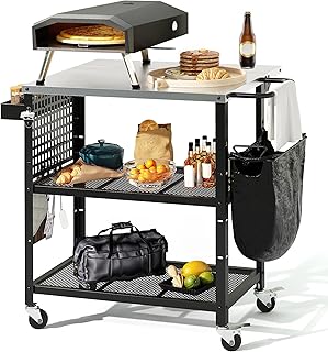 DWVO Outdoor Grill Cart Pizza Oven Table with Stainless Steel Tabletop, 31.5'' L x 27.6'' W Grill Table Movable with Storage 3-Tier Adjustable Shelf, Drop Leaf and Spice Rack for Patio, BBQ