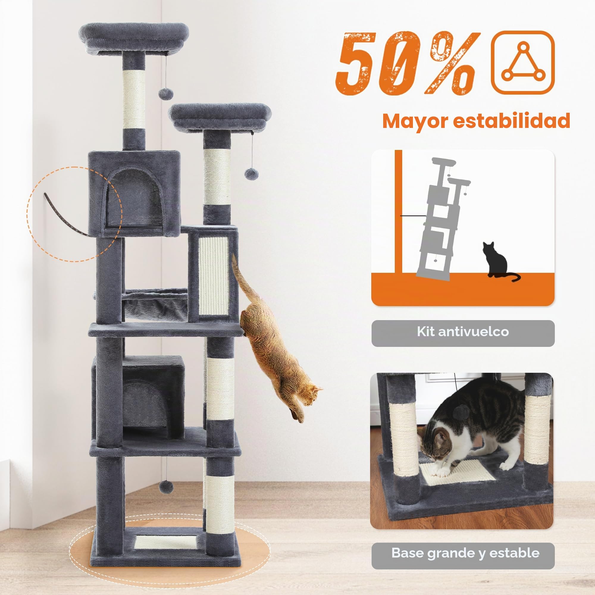 PETEPELA Árbol rascador grande, de 180 cm, para gatos grandes, con 6 columnas de sisal, 2 tablas para rascar, 2 plataformas, 1 hamaca, 2 pelotas de juego, tela de felpa, gris oscuro