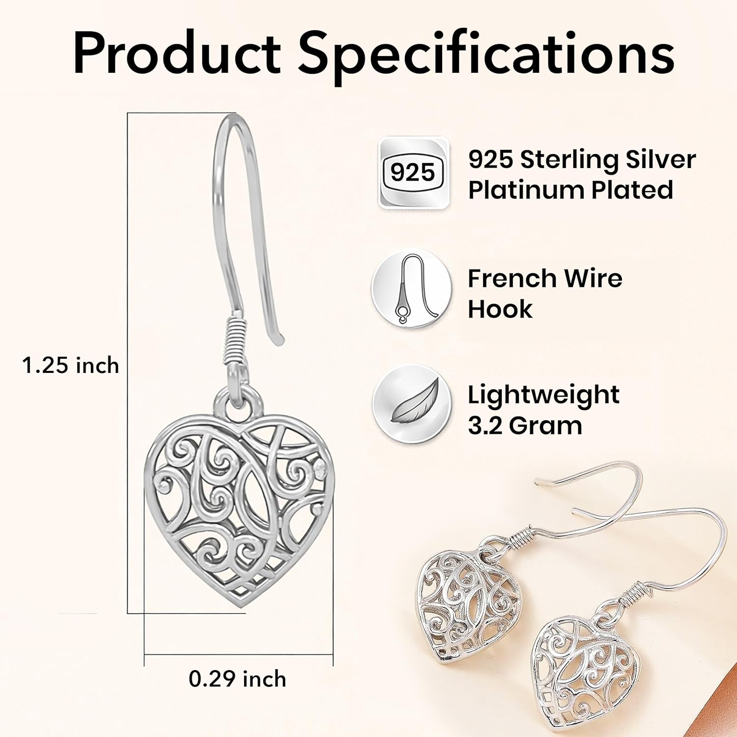 Filigree Heart Dangle Earrings - Platinum Plated 925 Sterling Silver Open Drop Earrings - Openwork Heart Dangling Earring Jewelry Birthday Christmas Gifts for Women - Image 3