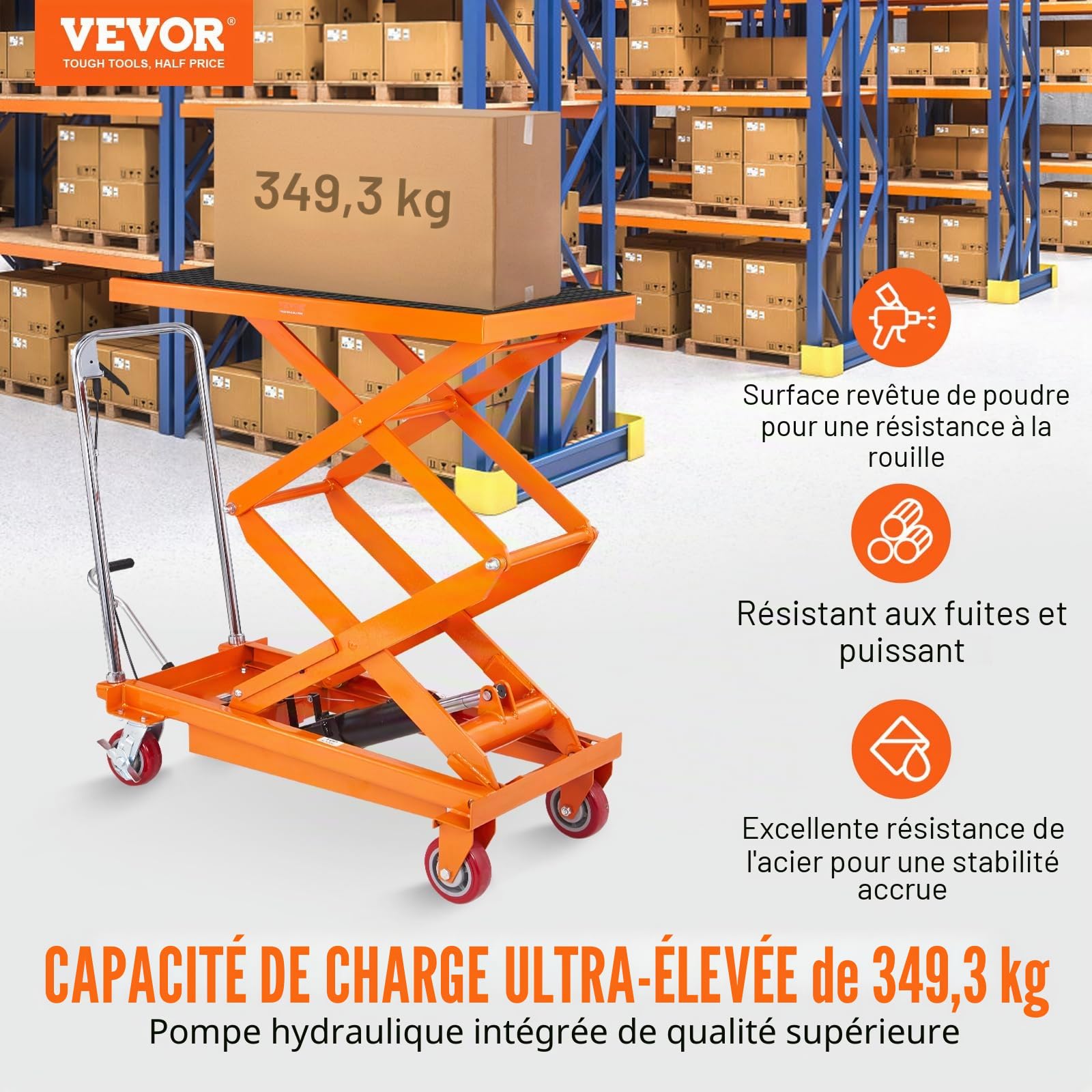 VEVOR Chariot à Table Élévatrice Hydraulique Capacité Charge 800 kg Chariot Élévateur Manuel à Double Ciseaux Hauteur Levage 1500 mm 4 Roues Coussin Antidérapant pour Manutention Transport Matériaux