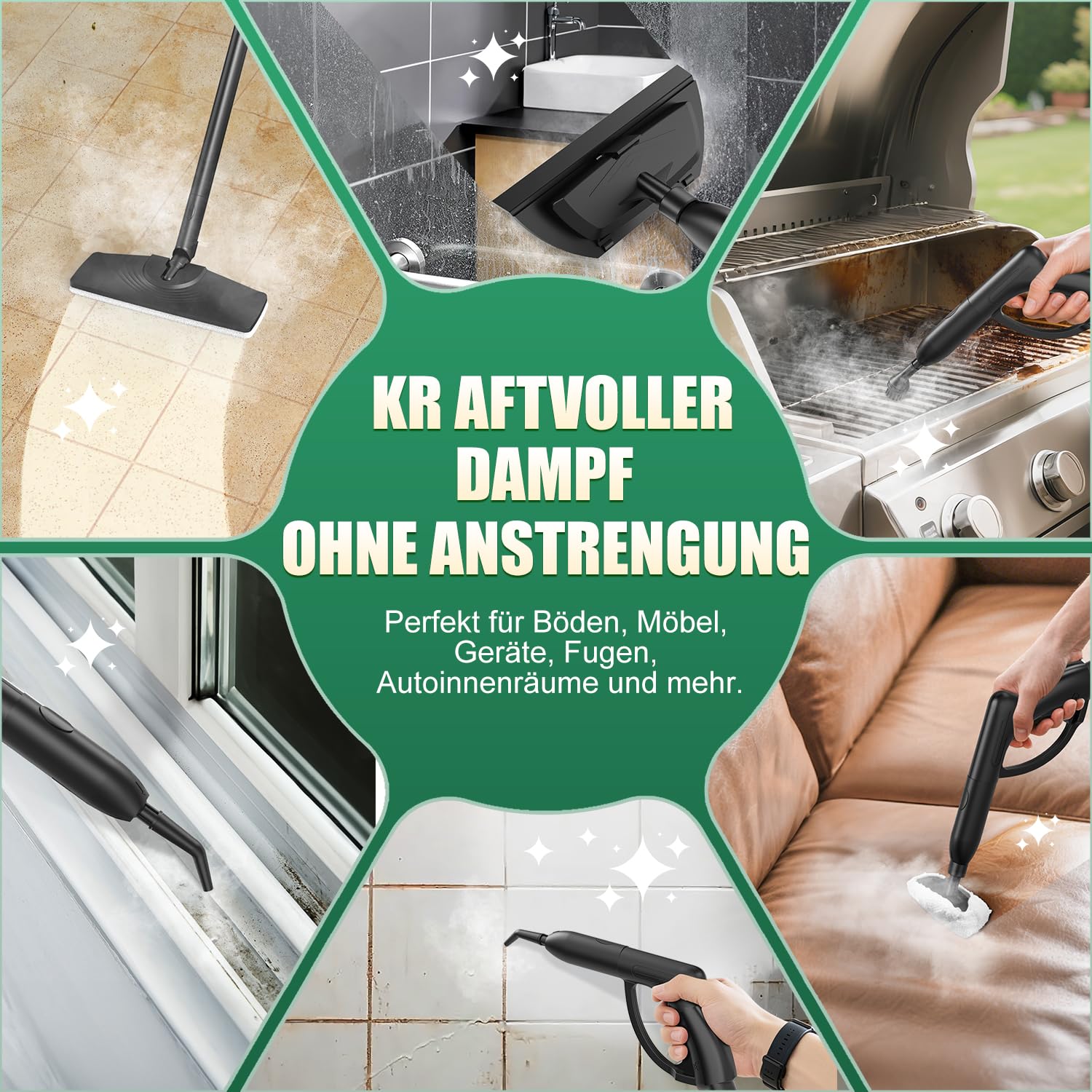 Rolipo Dampfreiniger, Dampfdruck: 4 Bar, Leistung: 2000 W, Tank: Max 2 L, Nutzungsdauer: 40 Minuten, mit Bodenreinigungsset, Düsen und Rundbürste von Böden, Sofas, Polstermöbel und Autos
