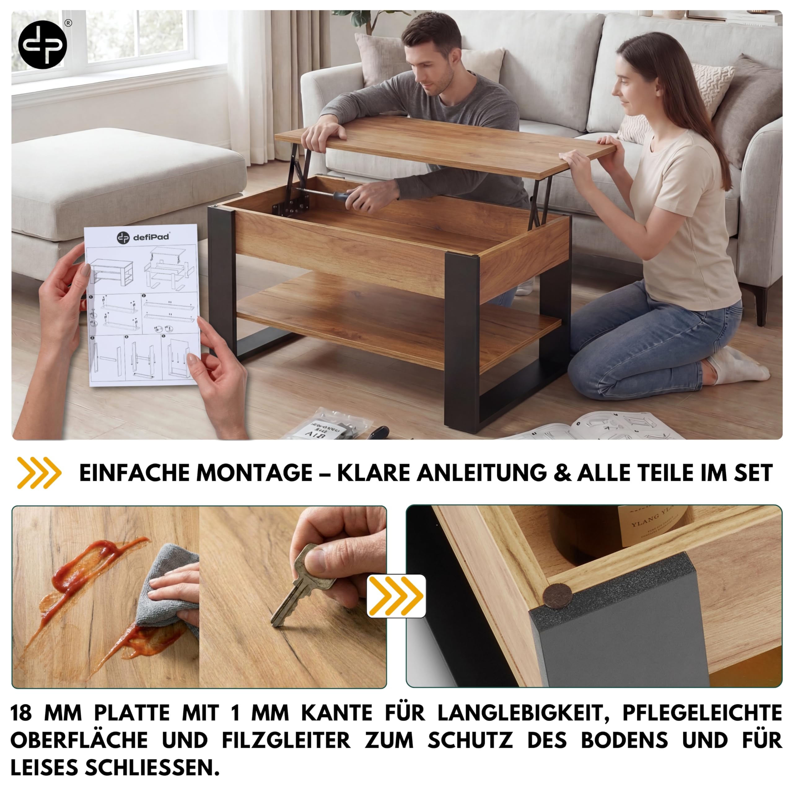 defiPad Couchtisch Höhenverstellbar mit Stauraum, Wohnzimmertisch Eiche-Schwarz mit hochziehbarer Tischplatte, verstecktem Fach und Ablage, 92 x 51 cm