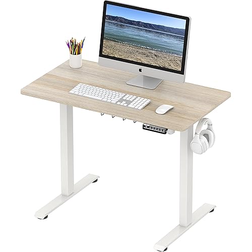 SHW Small Electric Height Adjustable Sit Stand Desk with Hanging Hooks and Cable Management, 40 x 22 Inches, White Frame and Maple Top