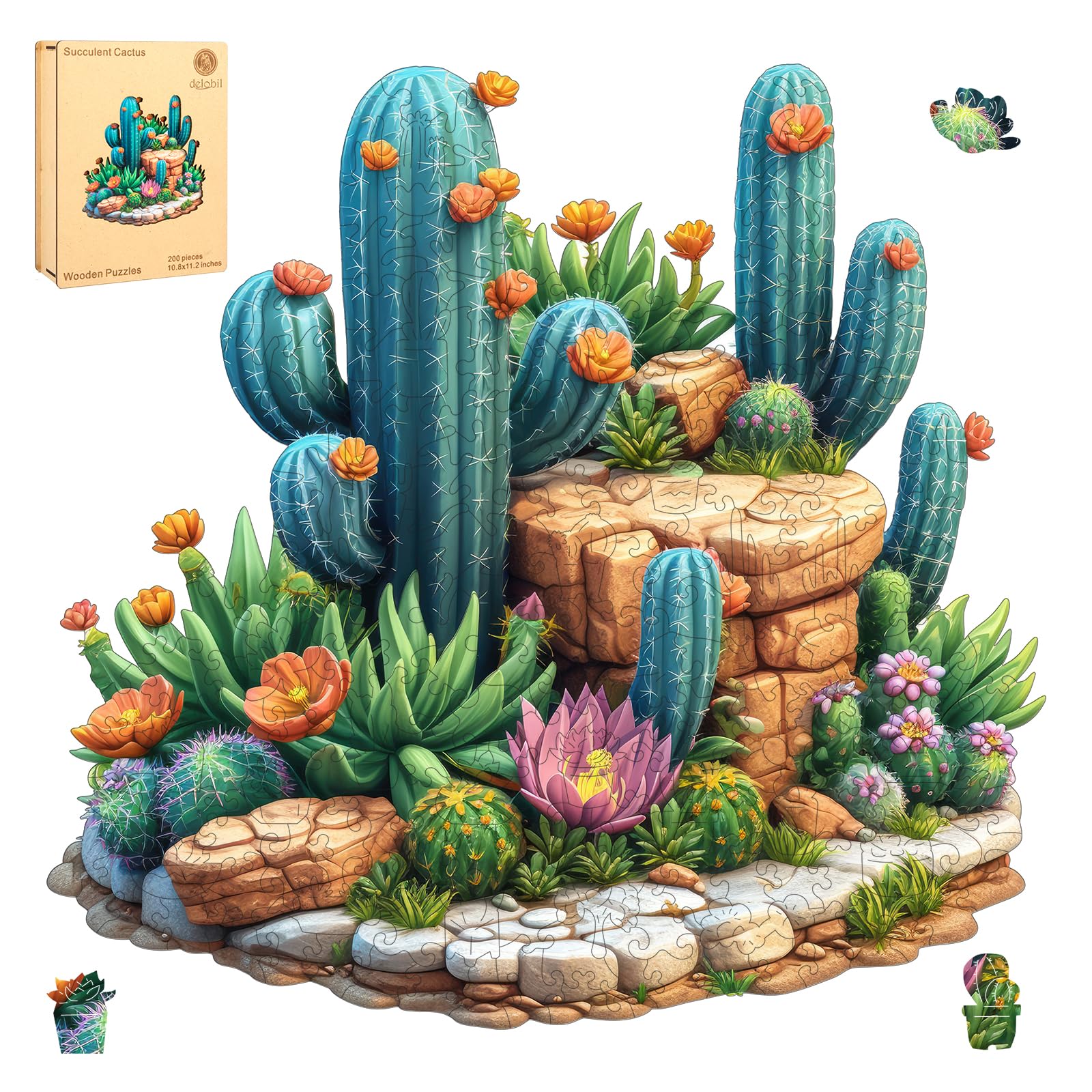 Delobil Succulent Cactus Wooden Puzzles for Adults, 200 Pieces Jigsaw Puzzles, Unique Shaped Medium Size Liberty Wood Puzzle Gift for Adults and Kids,