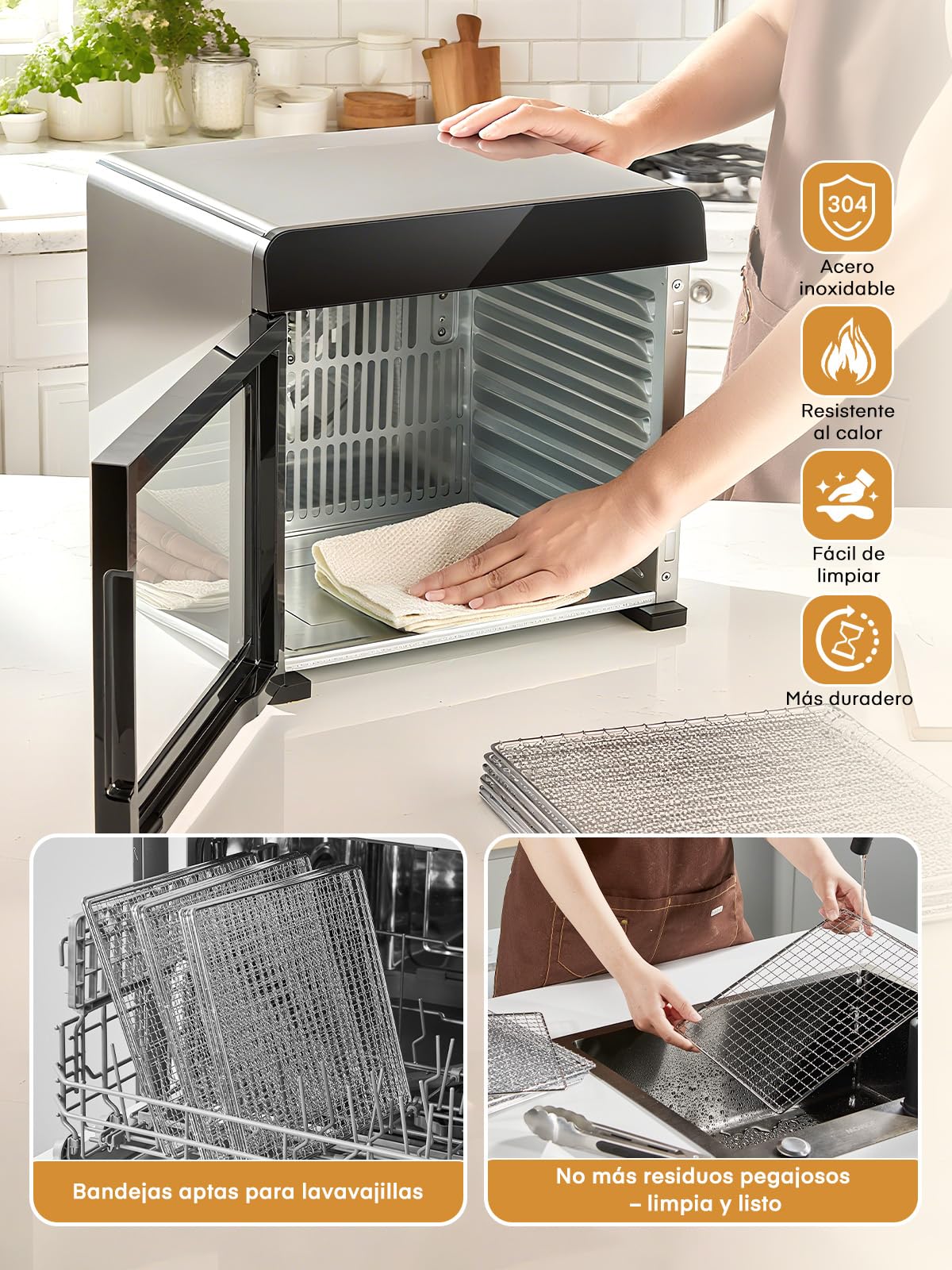 FOHERE Deshidratador de Alimentos Profesional 8 Bandejas Acero Inox., Silencioso <40dB Uso Nocturno, Control Temp. 35-75°C Temp. 48h, Frutas Verduras Cecina Setas Hierbas Snacks Bebé Sin BPA