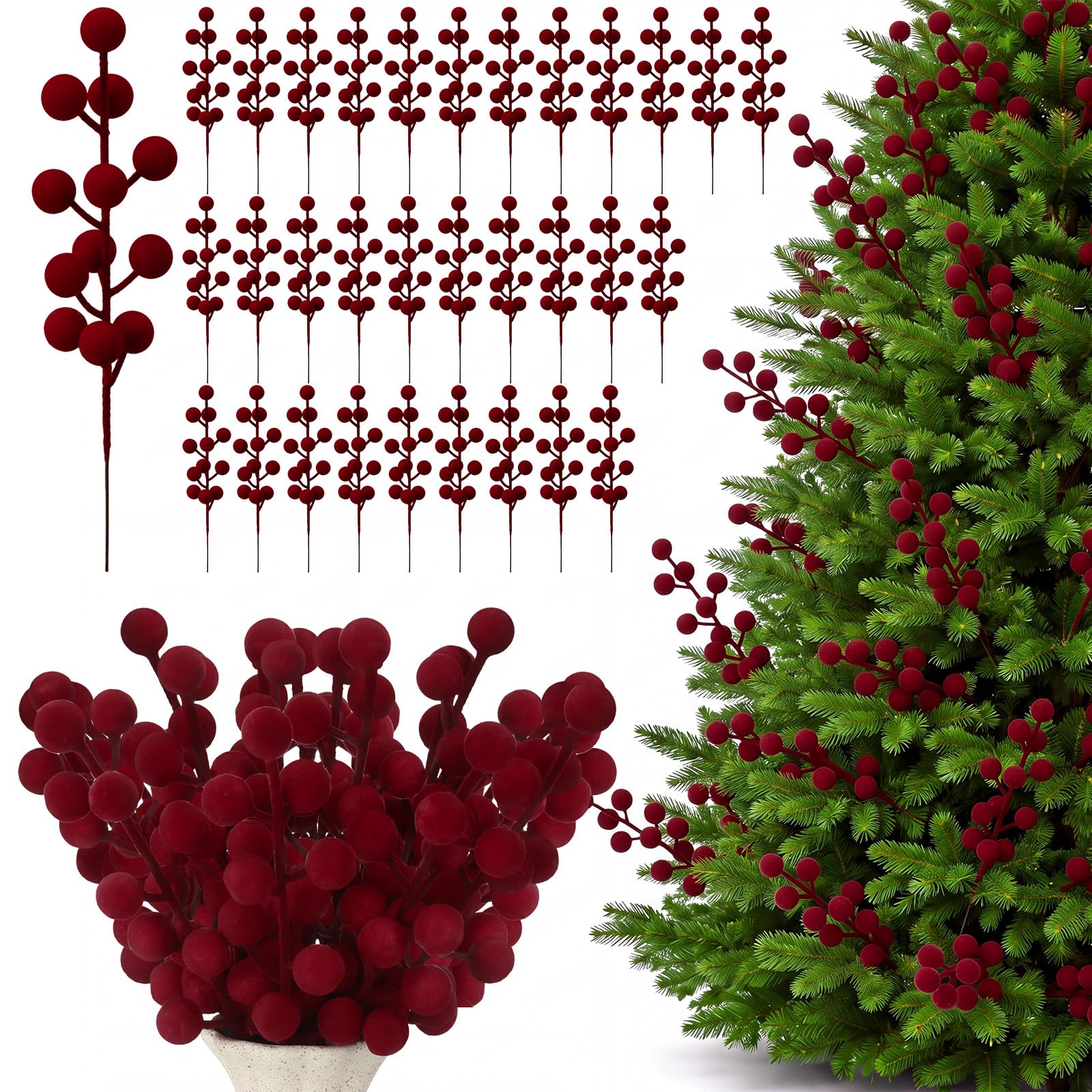 60 Pcs Burgundy 8 Inch Christmas Holly Berry Stems