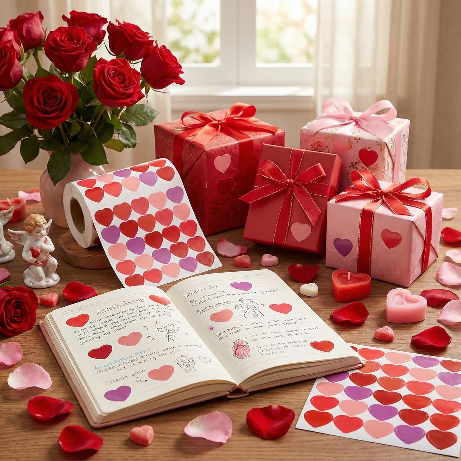 Tenceur 1000 Pcs Valentines Heart Stickers for Kids, 5.3 in Red Heart Stickers Roll Pink Purple Sticker for Valentines Party Favors, Kid Reward Classroom School Supplies, Wedding Envelope Packaging