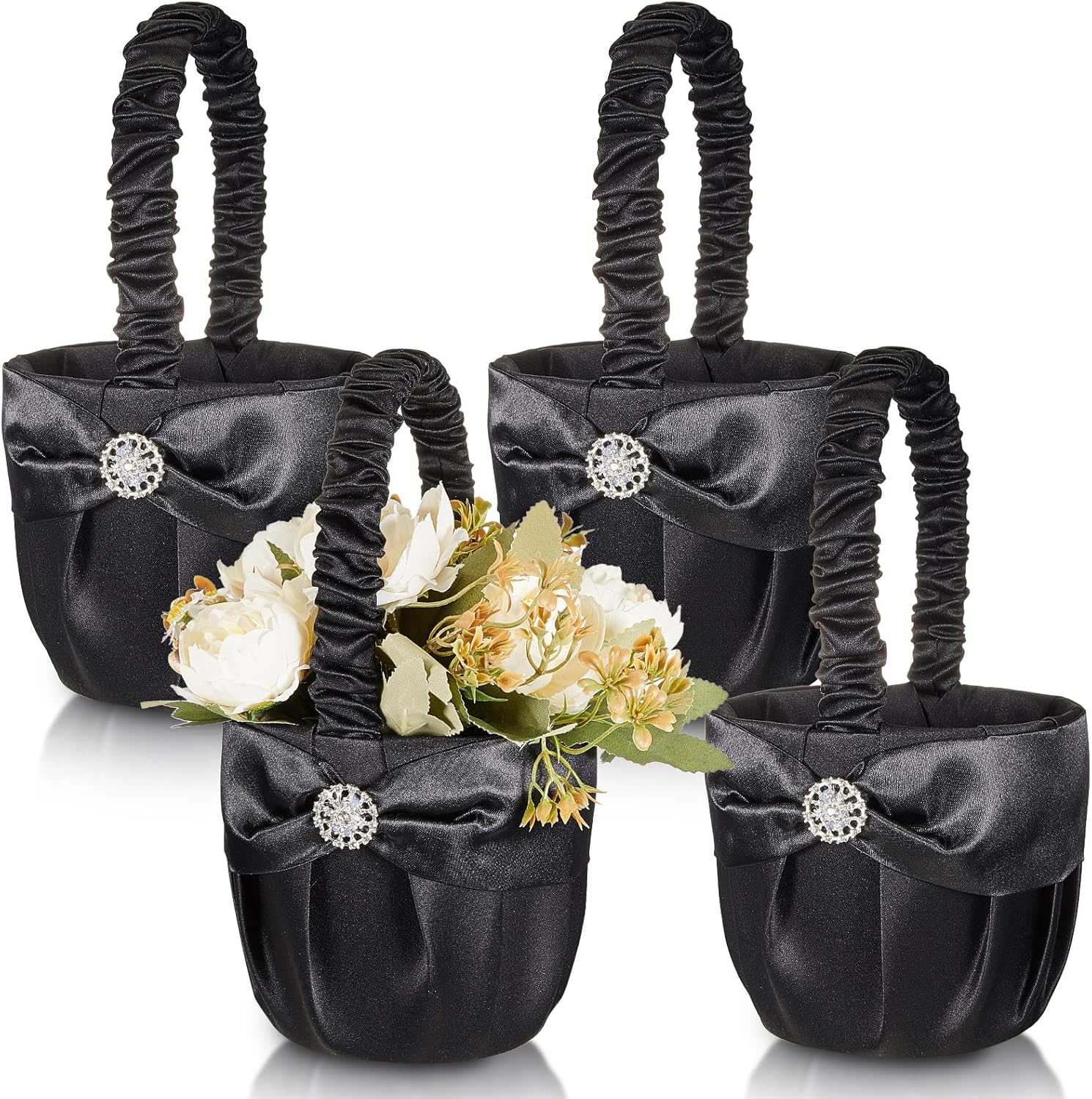 4 Pcs Wedding Flower Girl Basket Gothic Flower Basket for Wedding Ceremony Satin Rhinestone with Handle for Petals Confetti Banquet Home Decoration Western Party (Black,Snowflake)