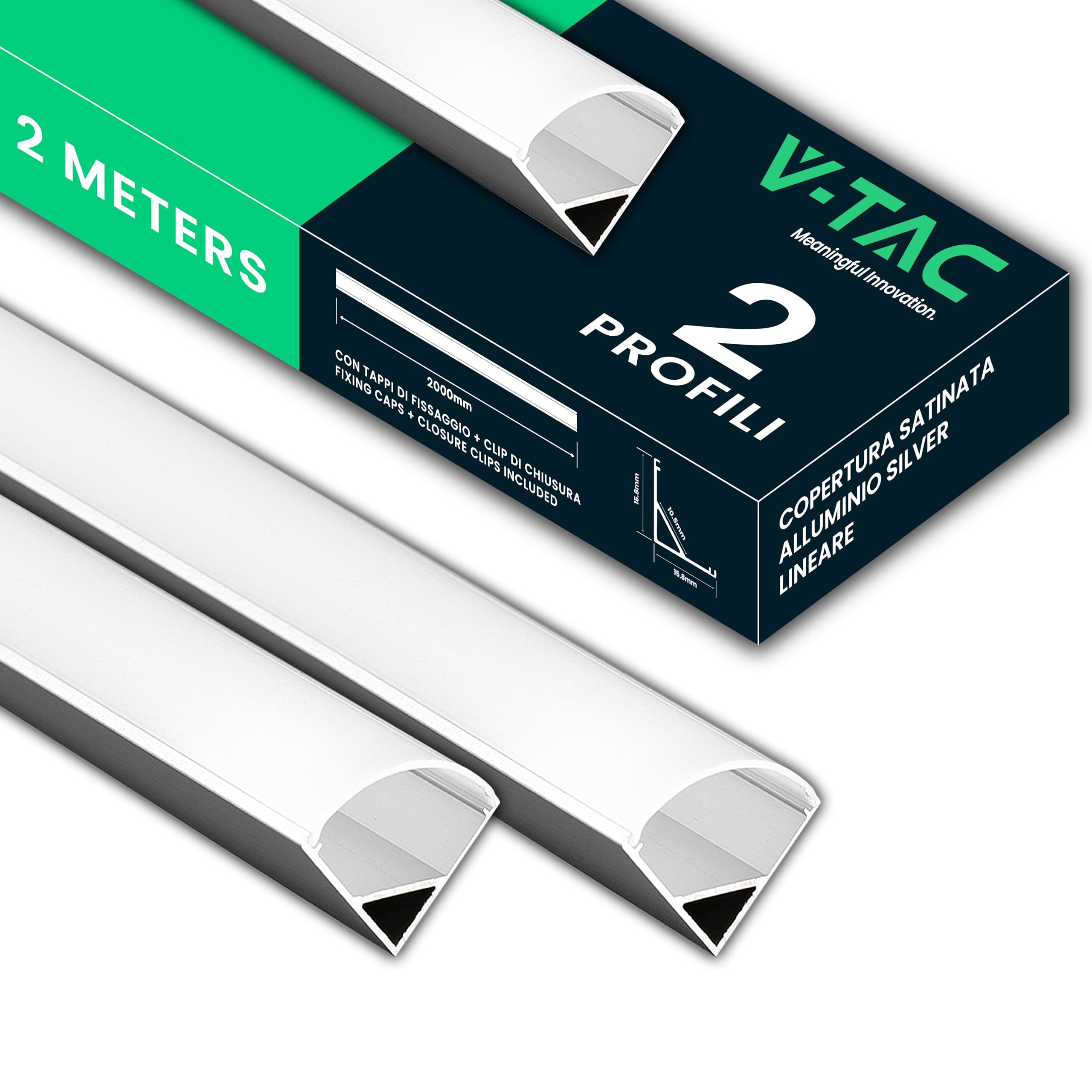 V-TAC 2 x 2 Meter Eckprofile für LED-Streifen - [ insgesamt 4 Meter ] - Profile für LED-Streifen aus Aluminium mit satinierter Abdeckung - Farbe Silber - Ecken 21,3 x 15,8 mm