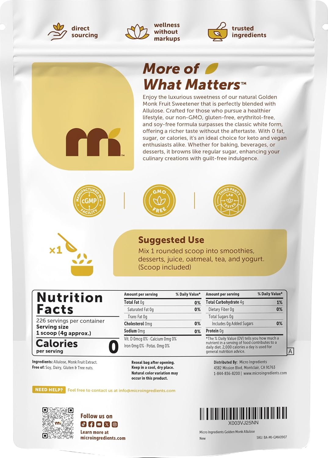 Micro Ingredients Golden Monk Fruit Sweetener with Allulose, 2 lbs | 1:1 Brown Sugar Substitute, No Erythritol, No Aftertaste | Zero Calorie Sugar Alternative for Baking, Coffee & Tea | Keto, Vegan, Non-GMO