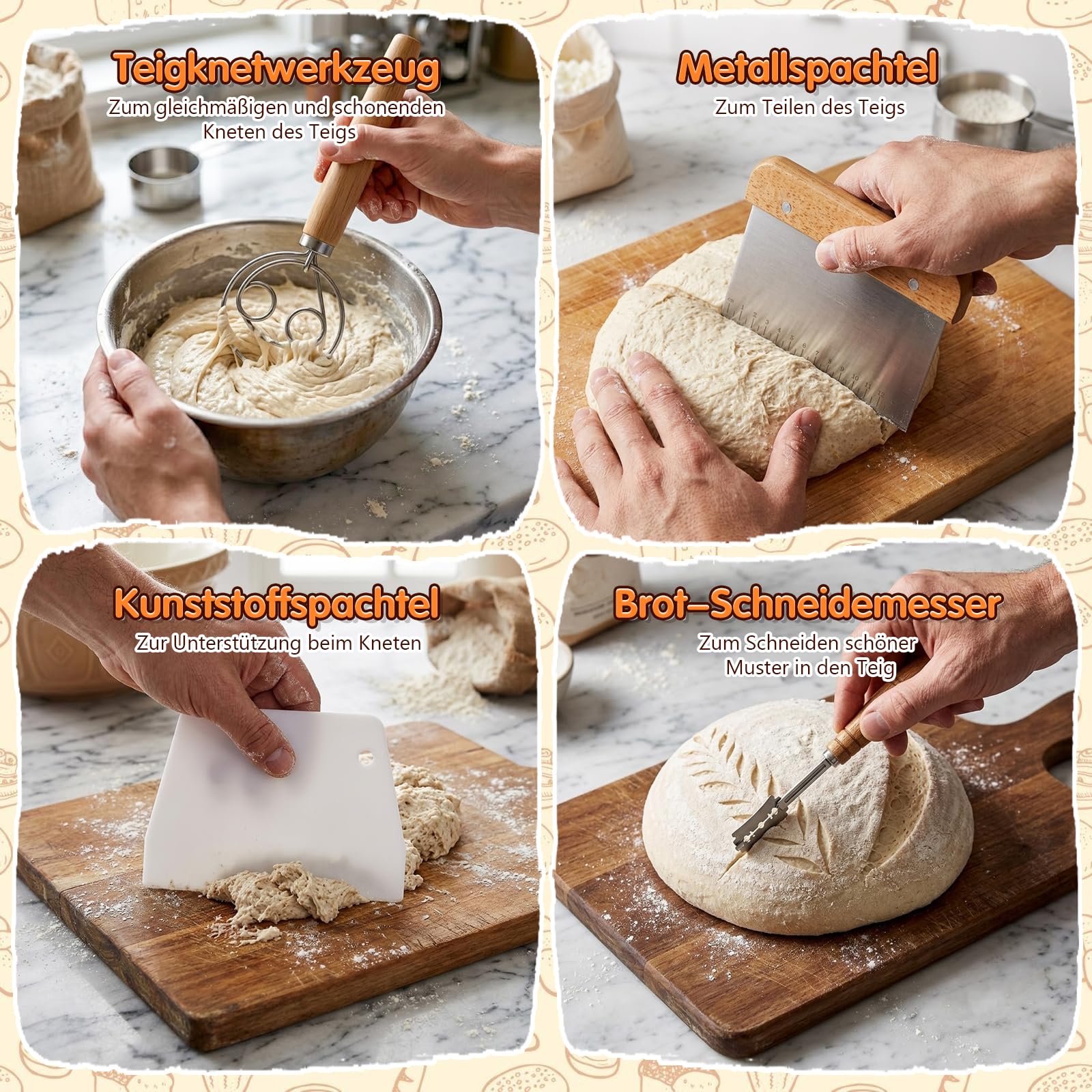 Zestaw koszyków do garowania z 2 naturalnymi rattanowymi koszami do fermentacji (23 cm okrągły i owalny 25 cm), zestaw startowy do pieczenia chleba, kompletny zestaw do pieczenia chleba dla