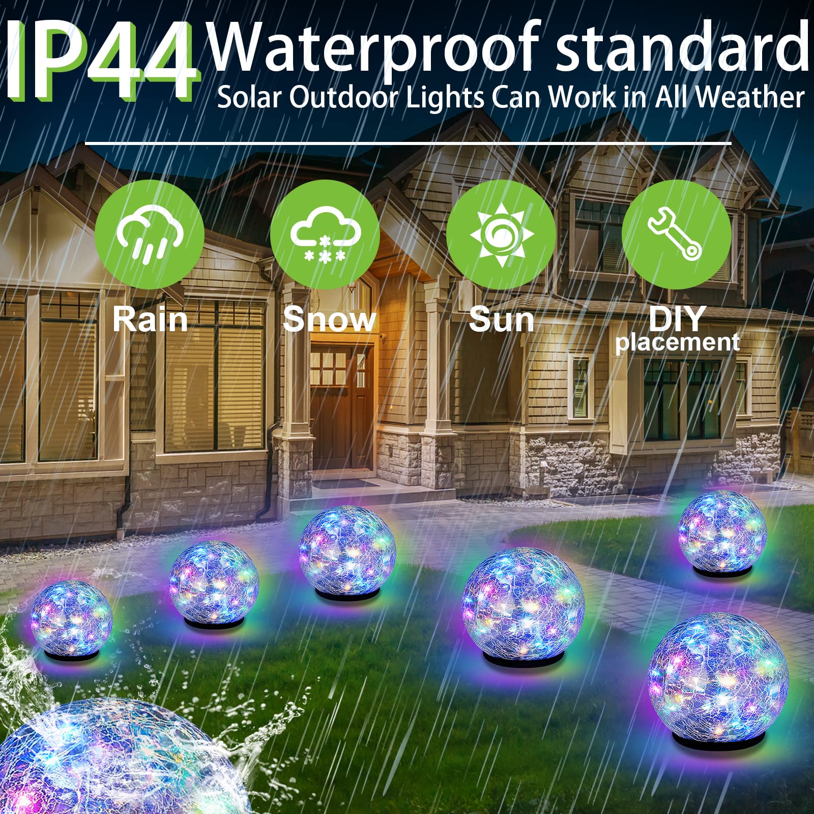 Garden Solar Ball Lights Outdoor Waterproof, 80 LED Cracked Glass Globe Solar Power Ground Lights for Path Yard Patio Lawn, Outdoor Decoration Landscape Colorful(2 Pack 5.9'')