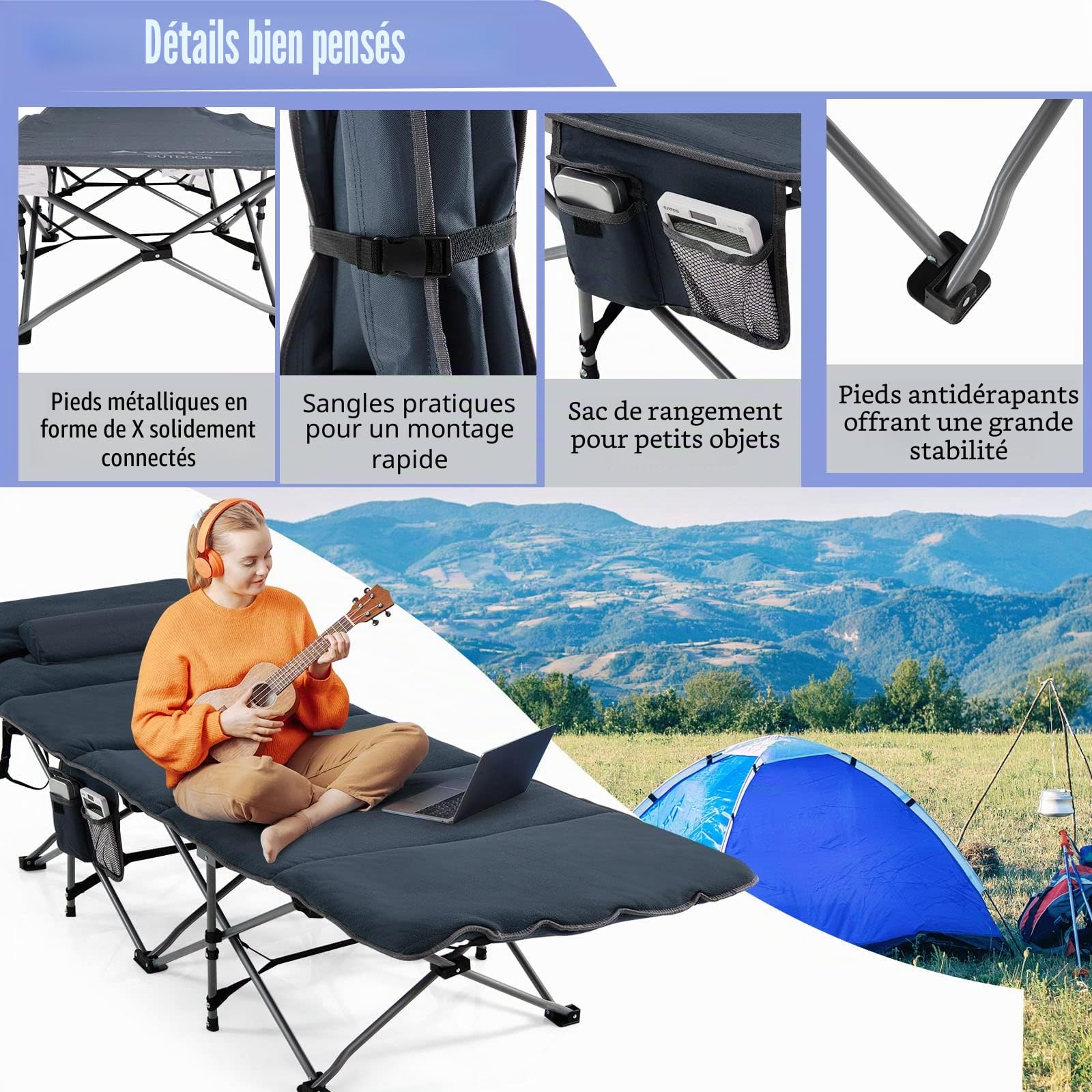 LIFEZEAL Lit de Camp Pliable avec Sac de Transport, Lit d'Extérieur Portable avec Matelas et Oreiller Amovibles, Lit de Plage Charge Max 150 KG, 191 x 68 CM