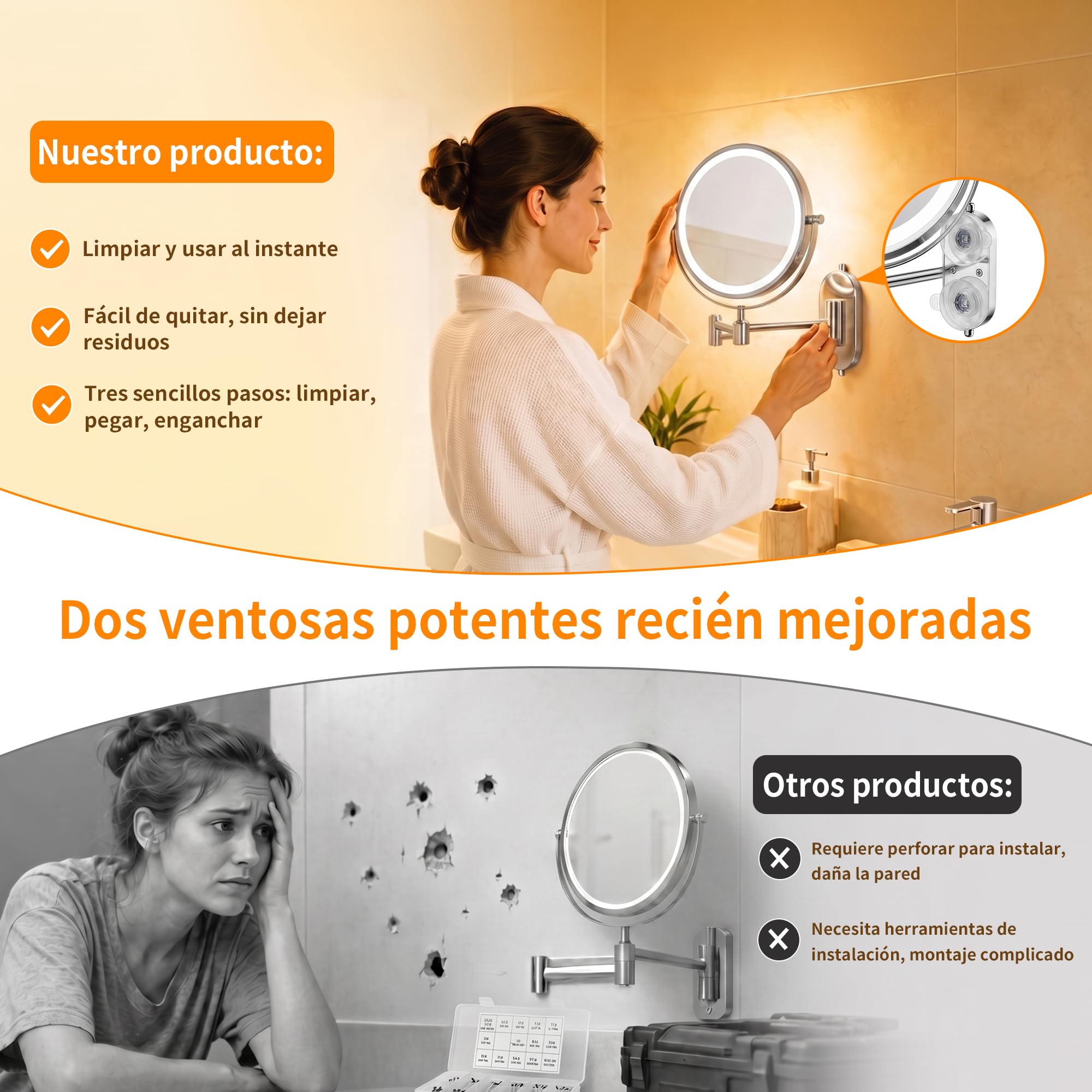 8 Pulgad Espejo Maquillaje con Luz 30X/1X – 4000mAh Espejo Aumento Baño – Aumento Recargable Doble Cara – Espejo Grande Baño Pared Brazo Extensible USB - 3 Colores Brillo Regulable para Hotel, SPA