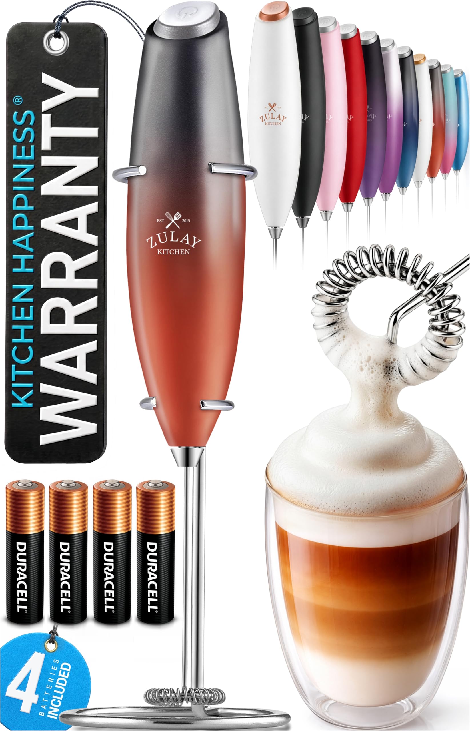 Zulay Kitchen Powerful Milk Frother Wand With Duracell Batteries - Ultra Fast Handheld Drink Mixer - Electric Whisk Foam Maker for Coffee, Lattes, Cappuccino &amp; Matcha - Z1 Motor - Black &amp; Red