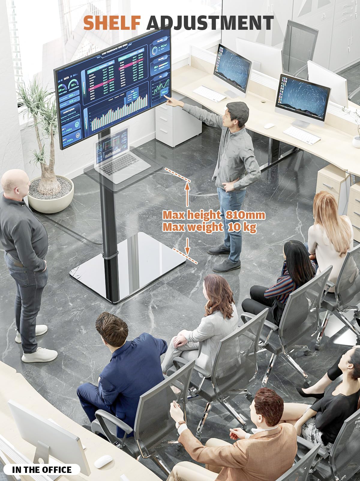 Hemudu Supporto TV da Pavimento Regolabile in Altezza 16 Livelli, Porta TV da Terra Mobile per TV LCD LED da 19 a 43 Pollici, Staffa TV Girevole 100º, Fino a 45 kg, Max VESA 200 x200 mm, 2 Ripiani