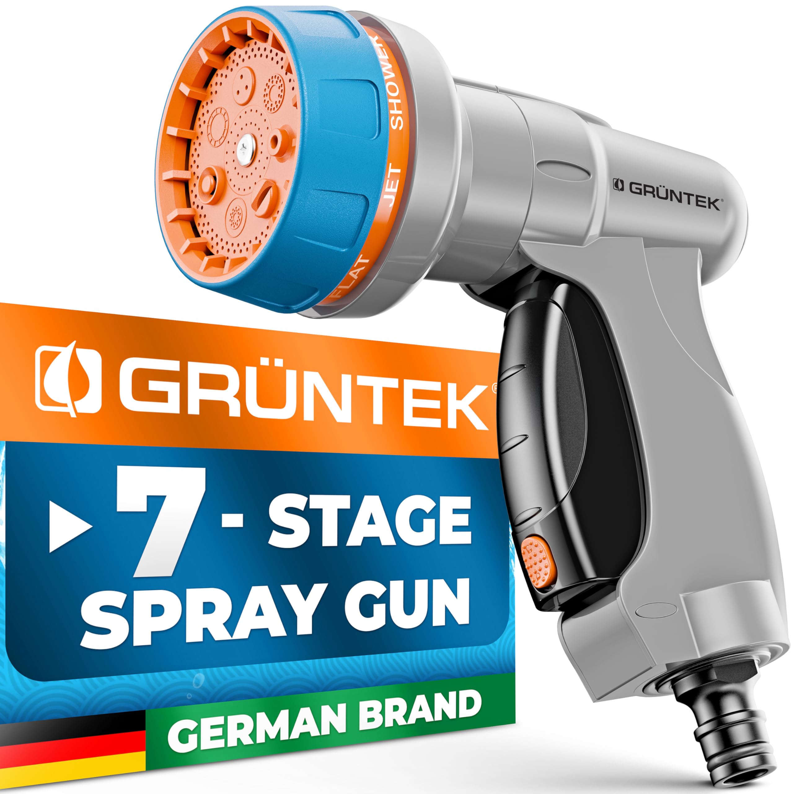 Grüntek 1. Basic Garden Hose Spray Gun – 7 Spray Patterns For Car Washing, Cleaning & Garden Watering
