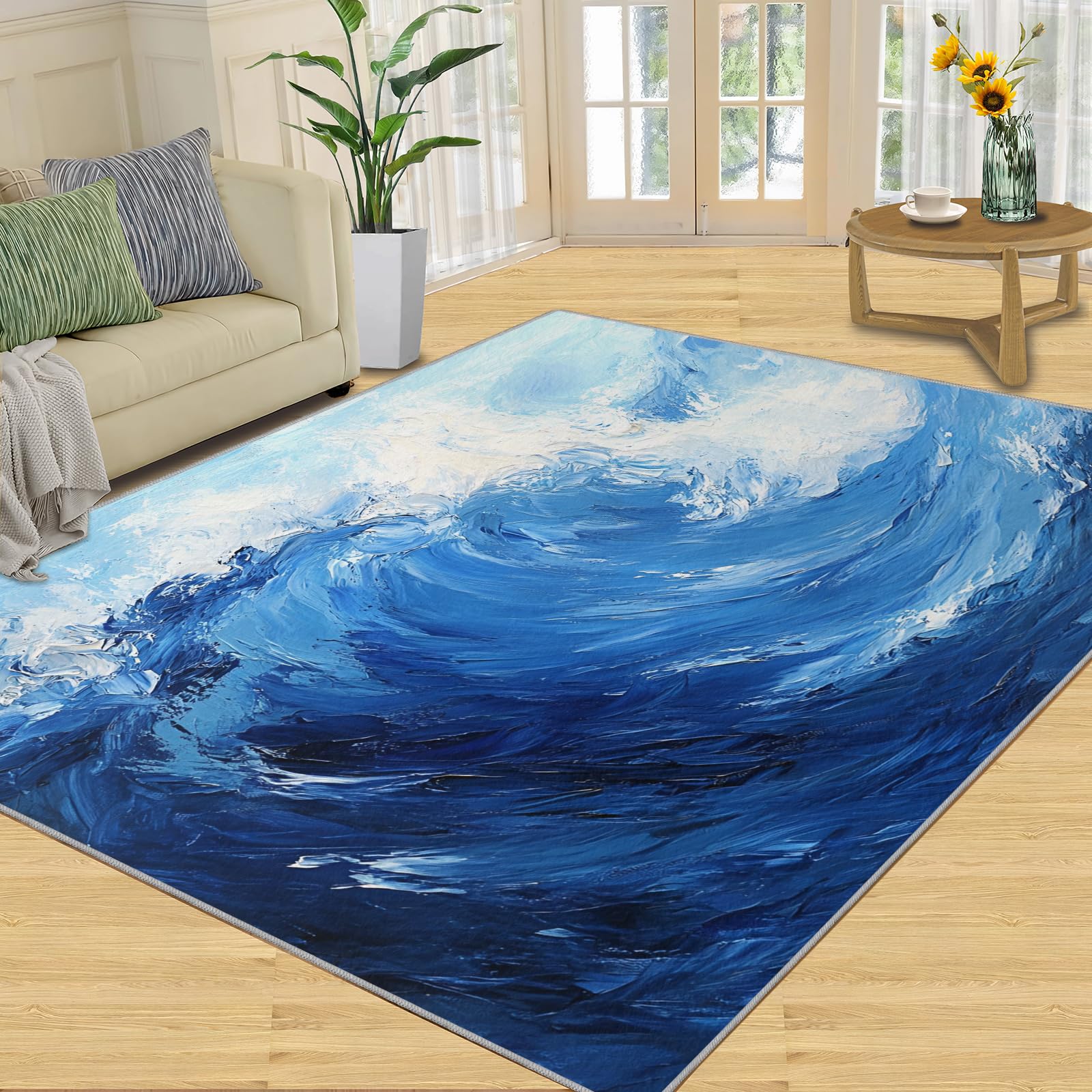 FBRUIEG Oil Painting Waves Area Rug, Abstract Ocean Waves Rugs for Bedroom, Machine Washable Rug for Front Porch Kitchen Entryway Doormats Decor Floor Mat 120x170cm