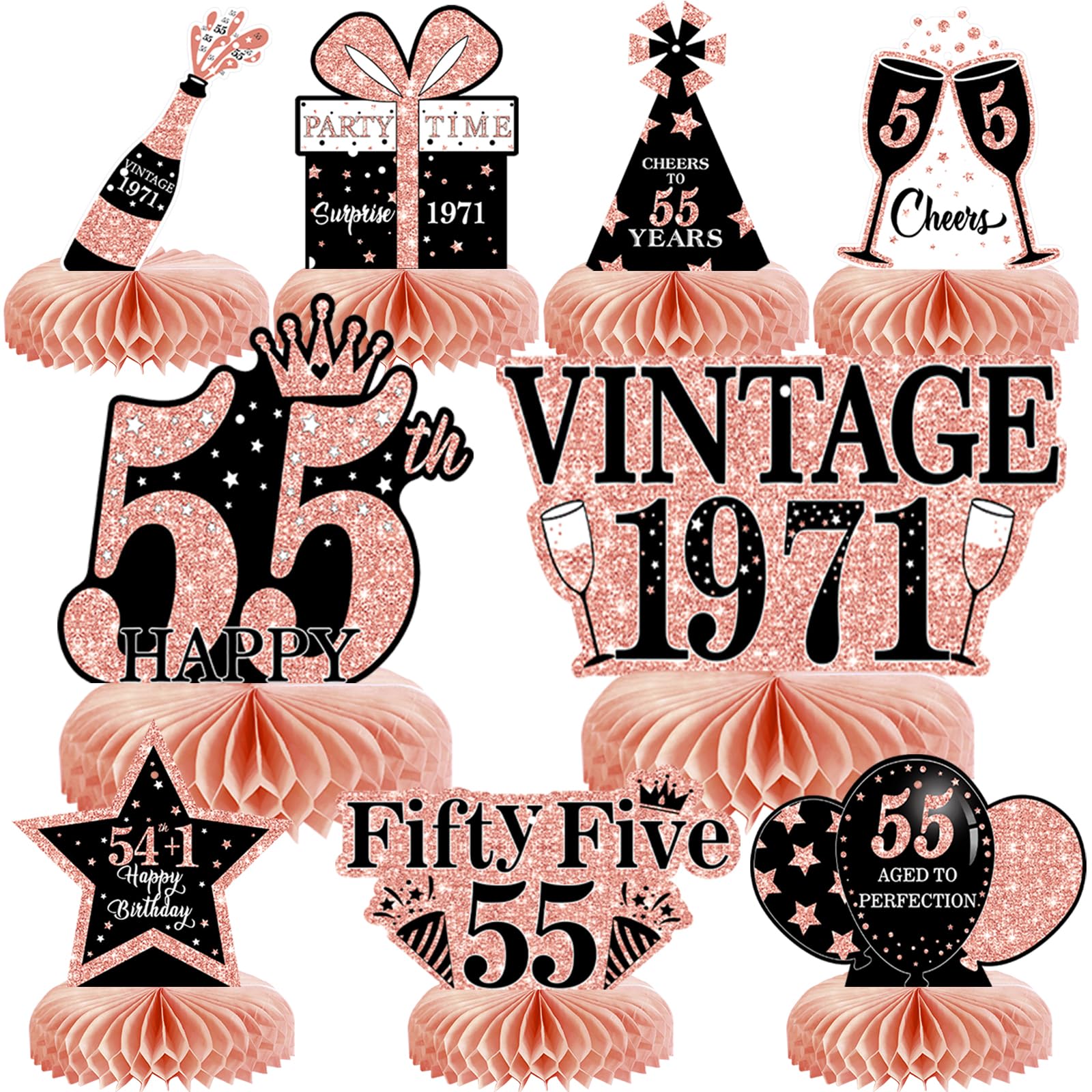 9Pcs 55th Birthday Decorations Honeycomb Centerpieces for Women, Rose Gold Pink Happy 55th Birthday Centerpieces Tables Toppers Party Decorations Supplies, Vintage 1971 Aged Table Sign Decor