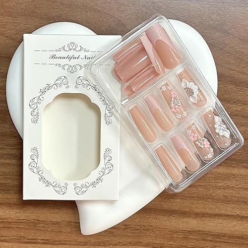 Miniatura 6 de Uñas postizas a presión con diseño de mariposa, uñas postizas largas con punta francesa, uñas postizas de ataúd rosa con diseño de flores de