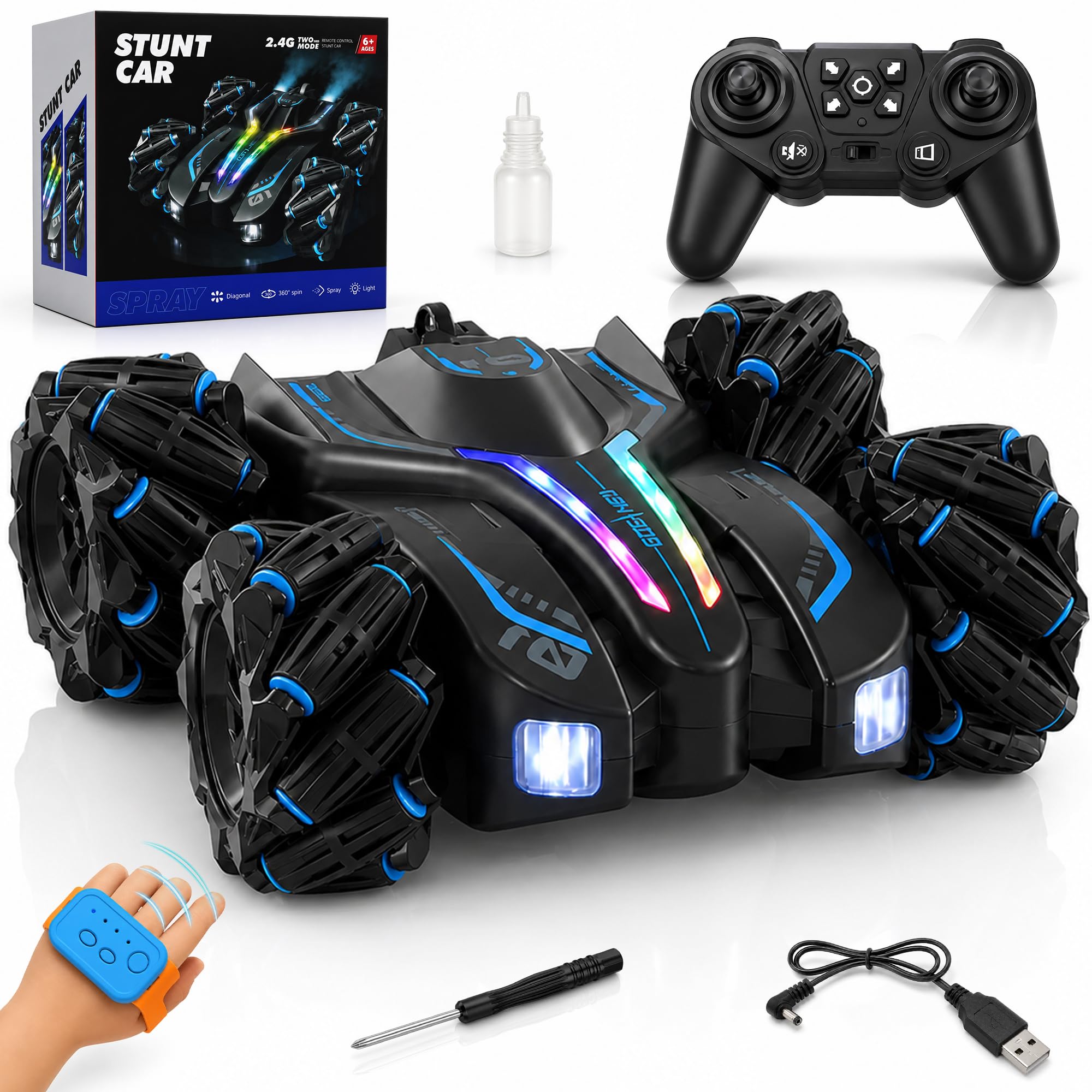 The Little Ones RC Car - RC 4x4 Wheel Drive High-Speed Double Sided 2.4GHz Remote Watch Control Smoke Drift Stunt Off Road Cars 360° Rotation Toys for Kids & Adults Boys & Girls [GestureX Smart Car]-image-45
