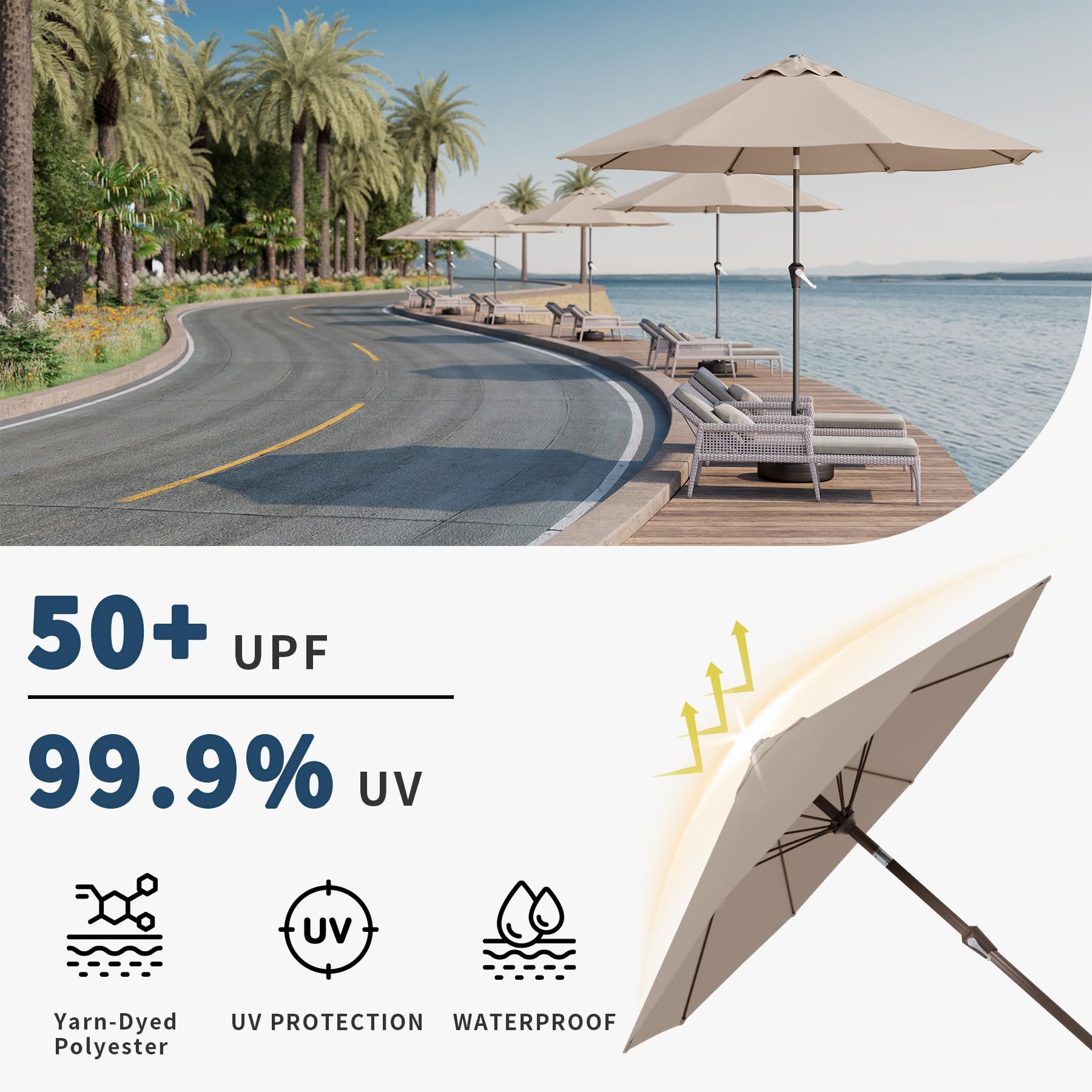 Patio Kingdom 10FT Patio Umbrella Outdoor Market Umbrella with Crank and Tilt, 8 Flexible Fiberglass Ribs, UV-Resistant Waterproof Canopy for Patio, Deck, Garden, Backyard, Beige : Patio, Lawn & Garden