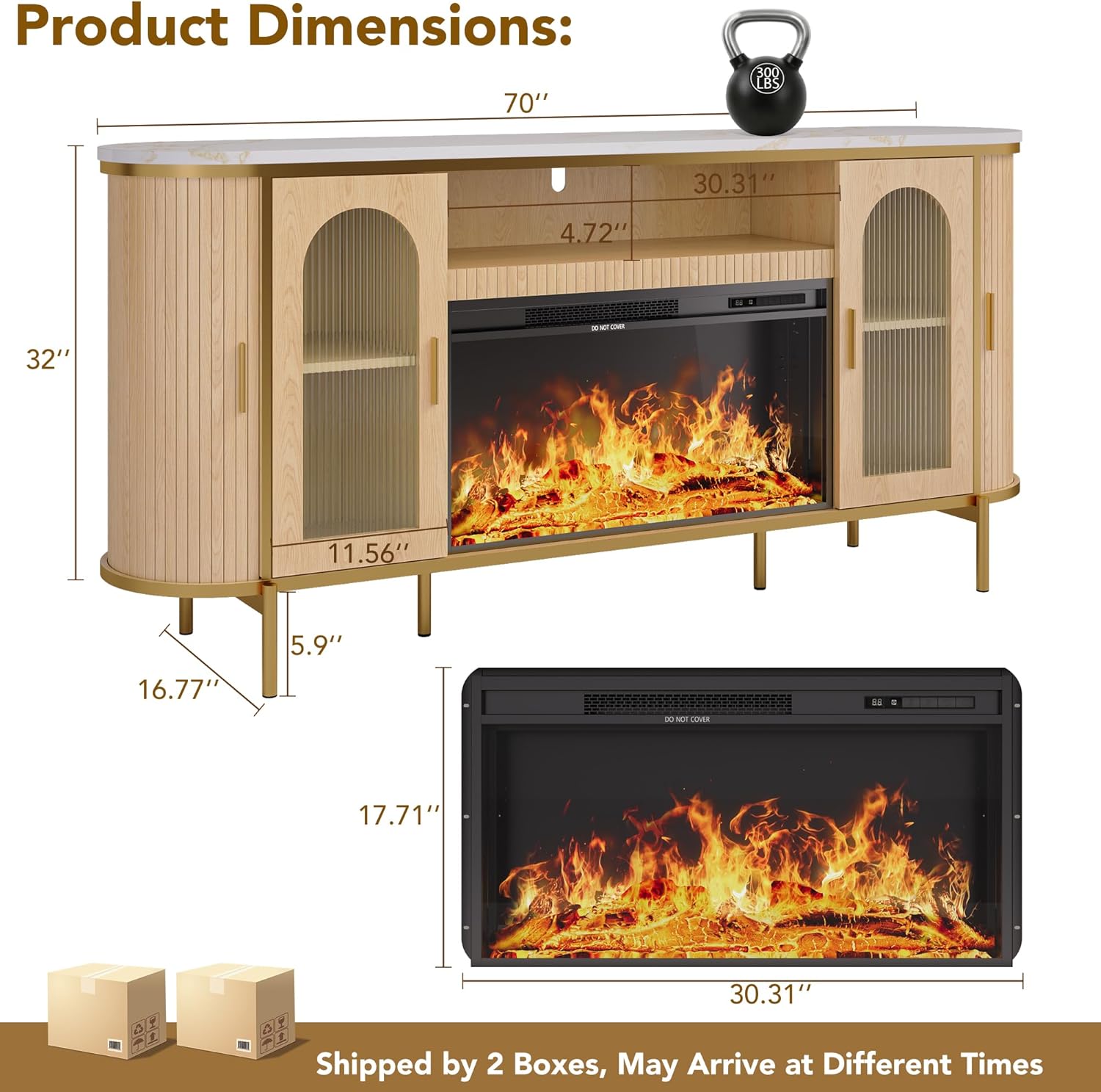 70" Fluted Fireplace TV Stand for TVs Up to 80 Inches, Entertainment Center with 30" Fireplace, Reeded Glass Door, Sliding Doors & Ajustable Shelves, Media TV Console for Living Room, Oak - Image 2