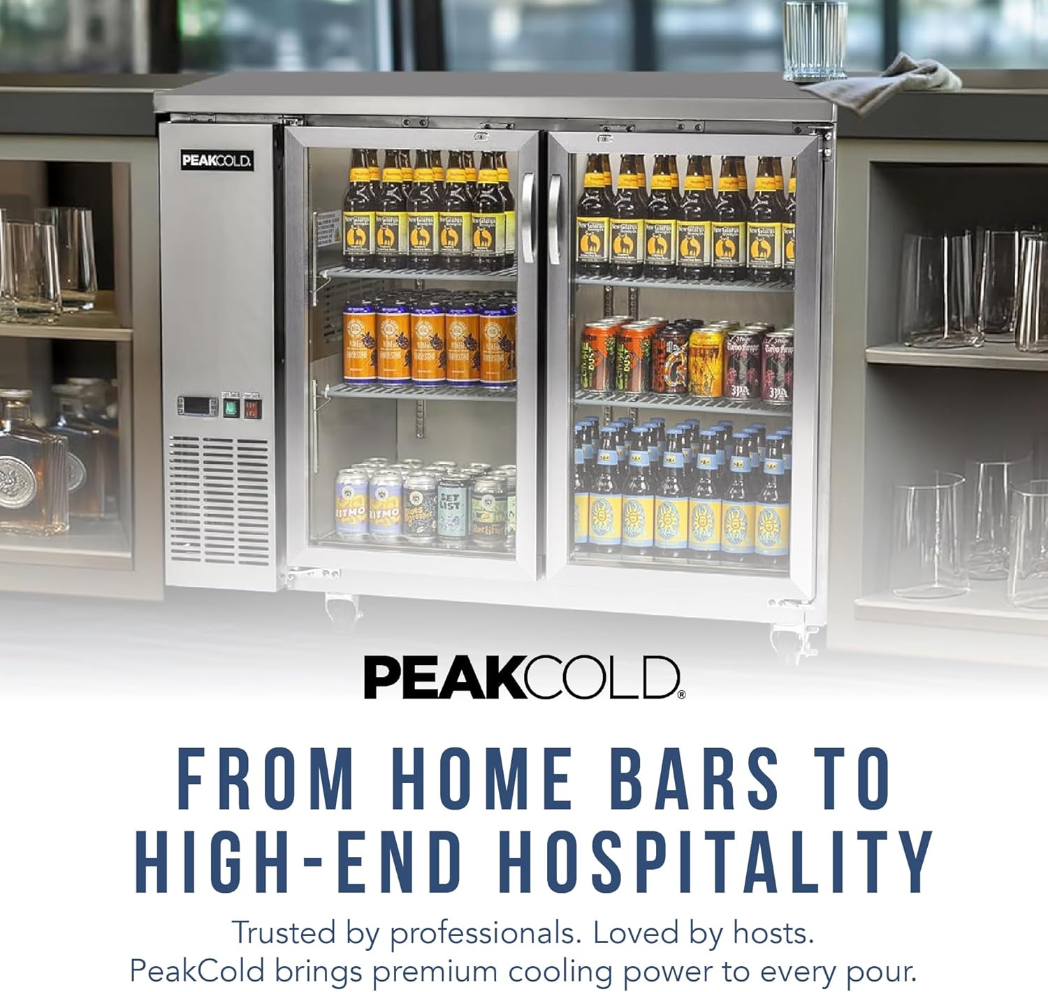 PEAKCOLD 2-Door Counter Height Beverage Refrigerator - 49" Wide Energy Efficient Stainless Steel Beer Fridge With Glass Doors & White LED Lighting - Commercial Back Bar Cooler